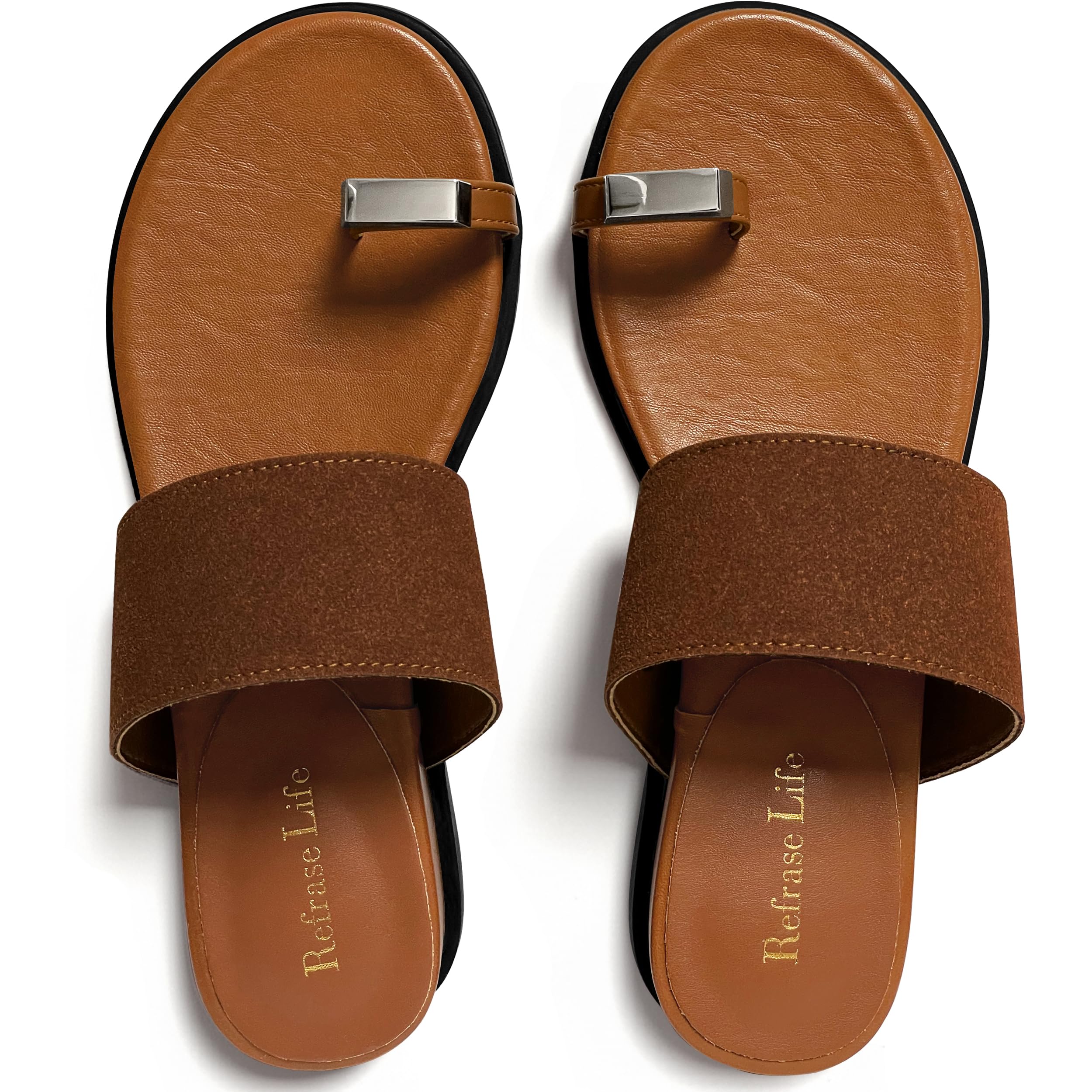 REFRASE LIFE Women's Toe Ring Slide Sandals Strappy Toe Loop Slip On Open Toe Flip Flops, Casual Summer Beach Shoes