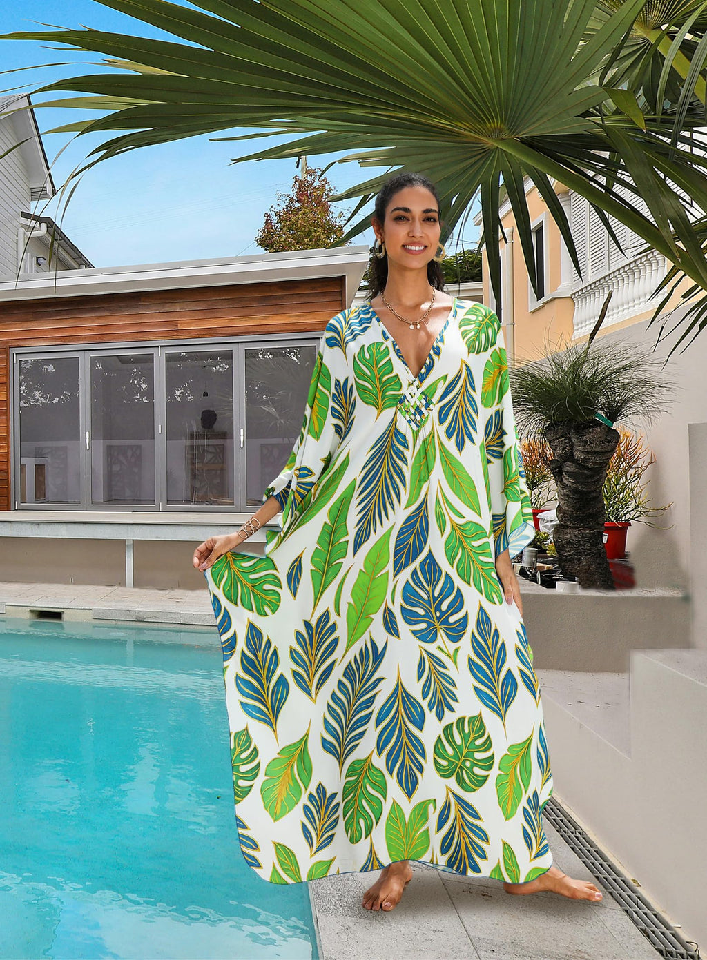 Yanziliu Kaftan Dress for Women,Plus Size Hawaiian Batwing Sleeve Beach Cover Up Summer Swimsuit Dresses