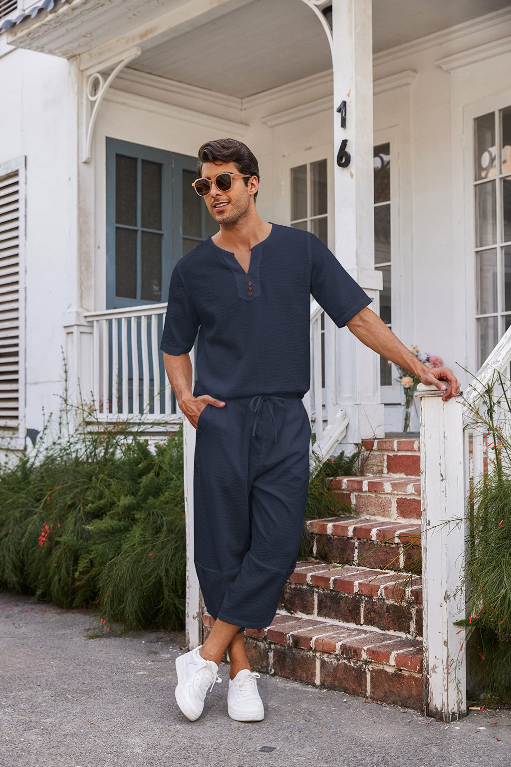 COOFANDY Men's 2 Pieces Linen Set Henley Shirt Short Sleeve and Harem Capri Pants Wide Leg Baggy Beach Yoga Trousers Outfits