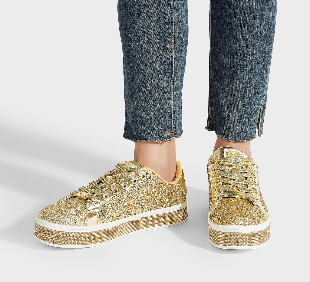 LUCKY STEP Women's Platform Sparkly Glitter Sneakers | Bling Shiny Dressy Bedazzled Wedding Bridal Fashion Walking Shoes