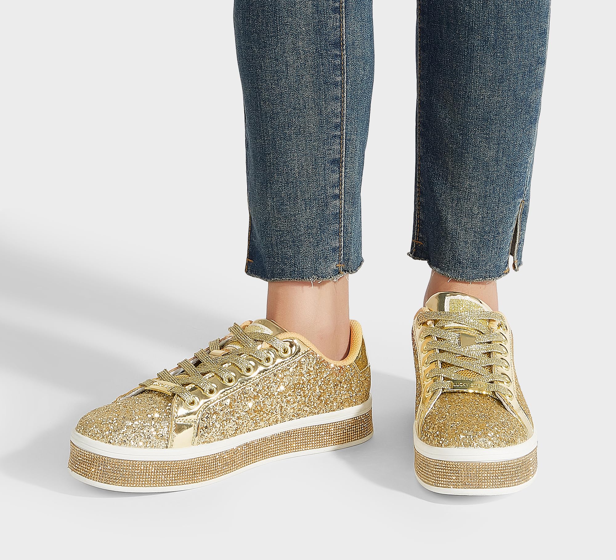 LUCKY STEP Women's Platform Sparkly Glitter Sneakers | Bling Shiny Dressy Bedazzled Wedding Bridal Fashion Walking Shoes