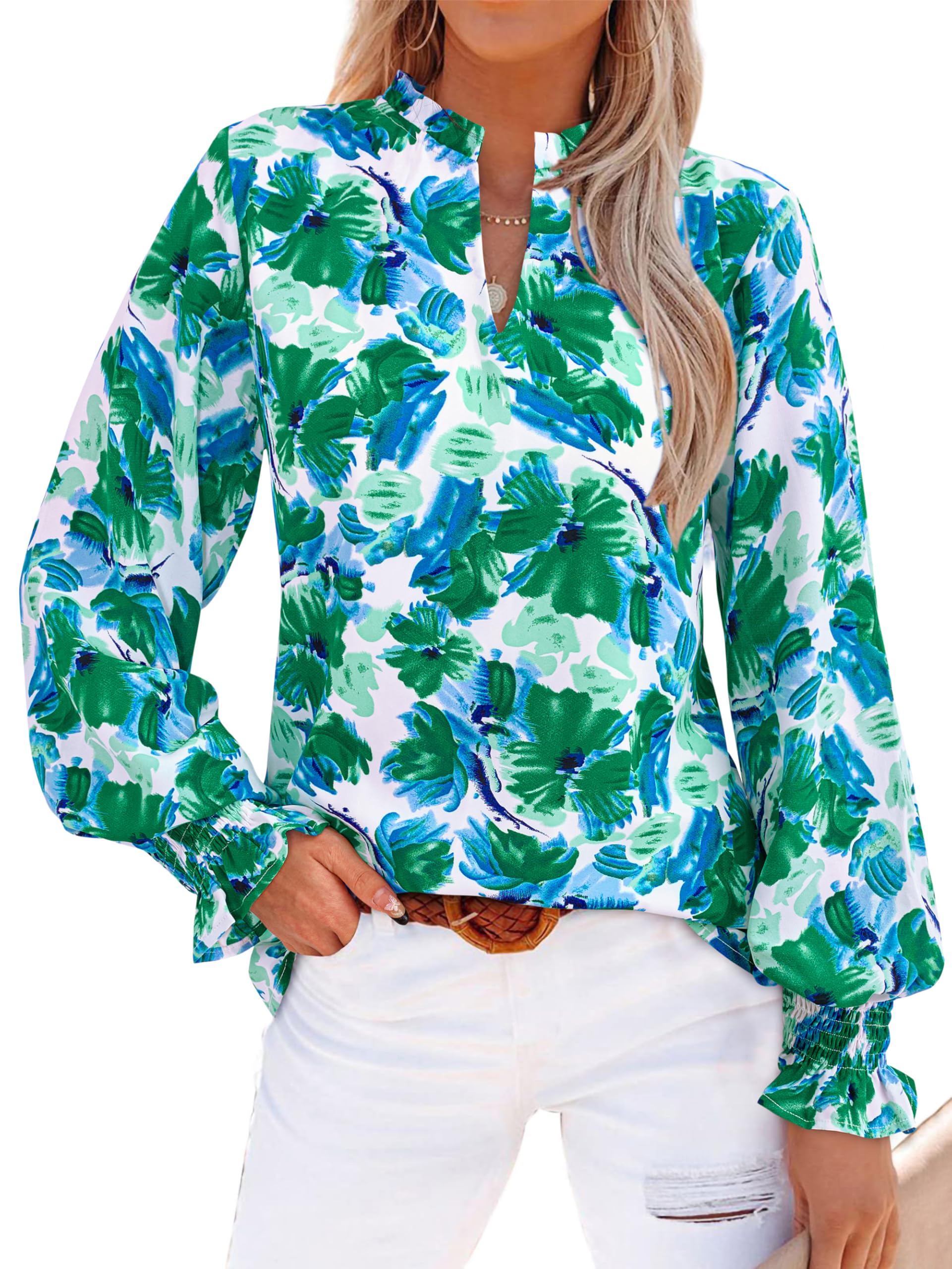 MASCOMODA Womens Boho Floral Long Sleeve Loose Chiffon Blouses | Puff Sleeve Ruffle V Neck Tops, Work Blouses for Women Dressy Casual, 2026 Summer T Shirts, Hawaiian Shirts for Women