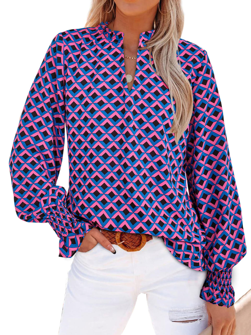 MASCOMODA Womens Boho Floral Long Sleeve Loose Chiffon Blouses | Puff Sleeve Ruffle V Neck Tops, Work Blouses for Women Dressy Casual, 2026 Summer T Shirts, Hawaiian Shirts for Women