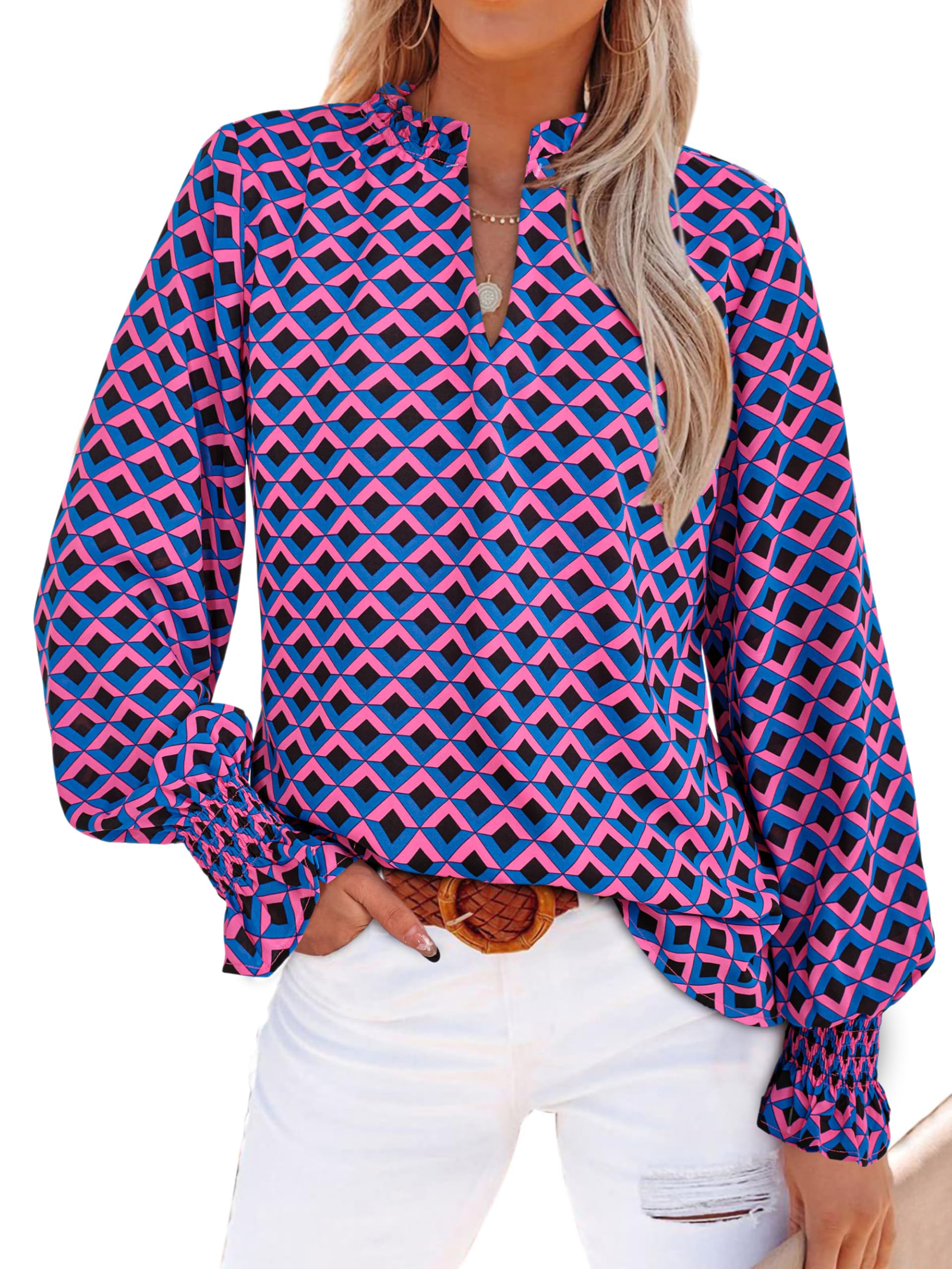 MASCOMODA Womens Boho Floral Long Sleeve Loose Chiffon Blouses | Puff Sleeve Ruffle V Neck Tops, Work Blouses for Women Dressy Casual, 2026 Summer T Shirts, Hawaiian Shirts for Women