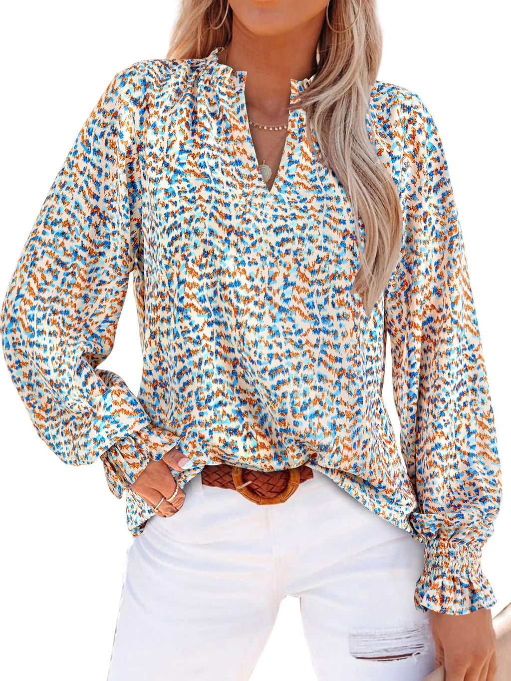 MASCOMODA Womens Boho Floral Long Sleeve Loose Chiffon Blouses | Puff Sleeve Ruffle V Neck Tops, Work Blouses for Women Dressy Casual, 2026 Summer T Shirts, Hawaiian Shirts for Women
