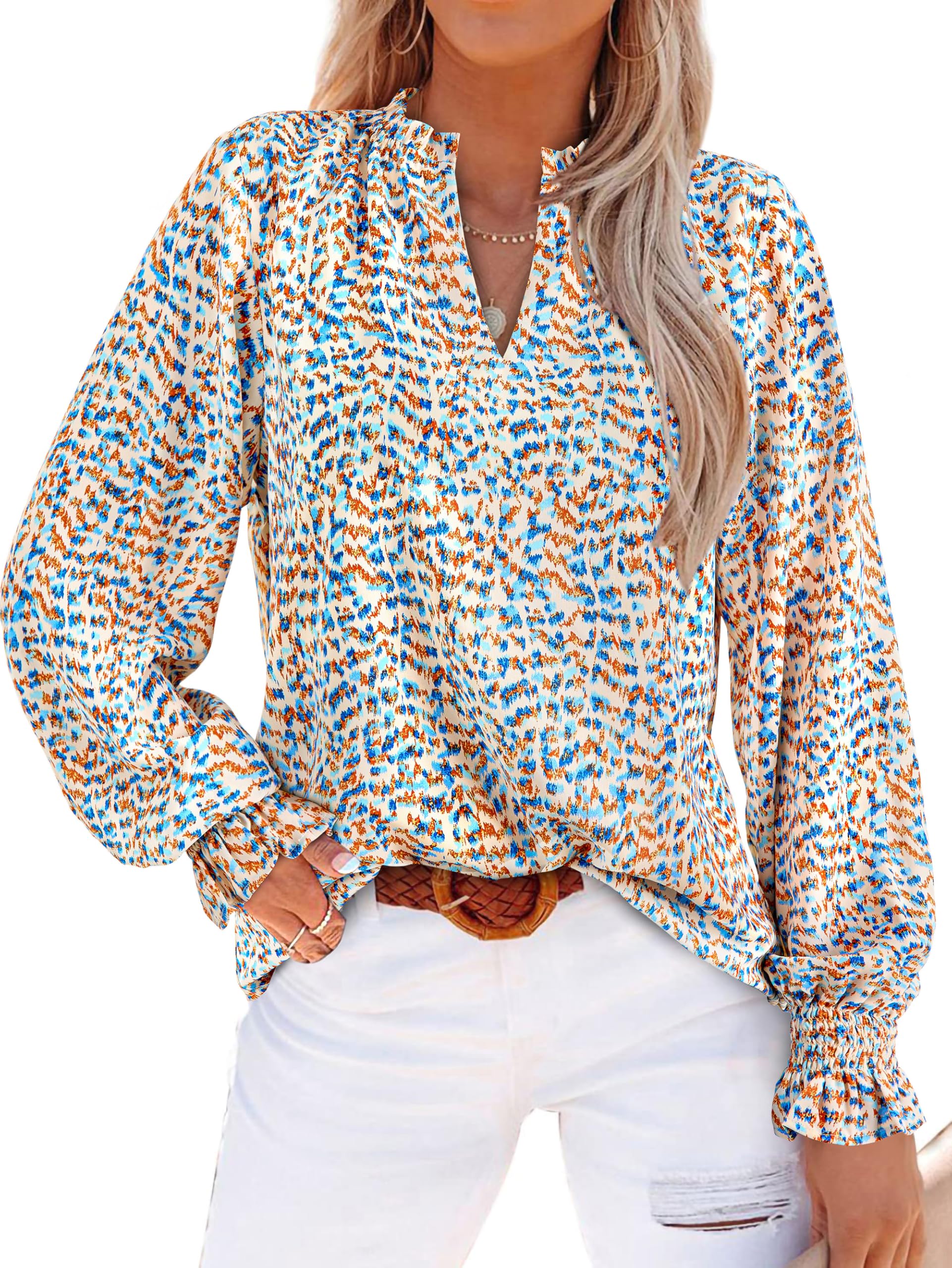 MASCOMODA Womens Boho Floral Long Sleeve Loose Chiffon Blouses | Puff Sleeve Ruffle V Neck Tops, Work Blouses for Women Dressy Casual, 2026 Summer T Shirts, Hawaiian Shirts for Women