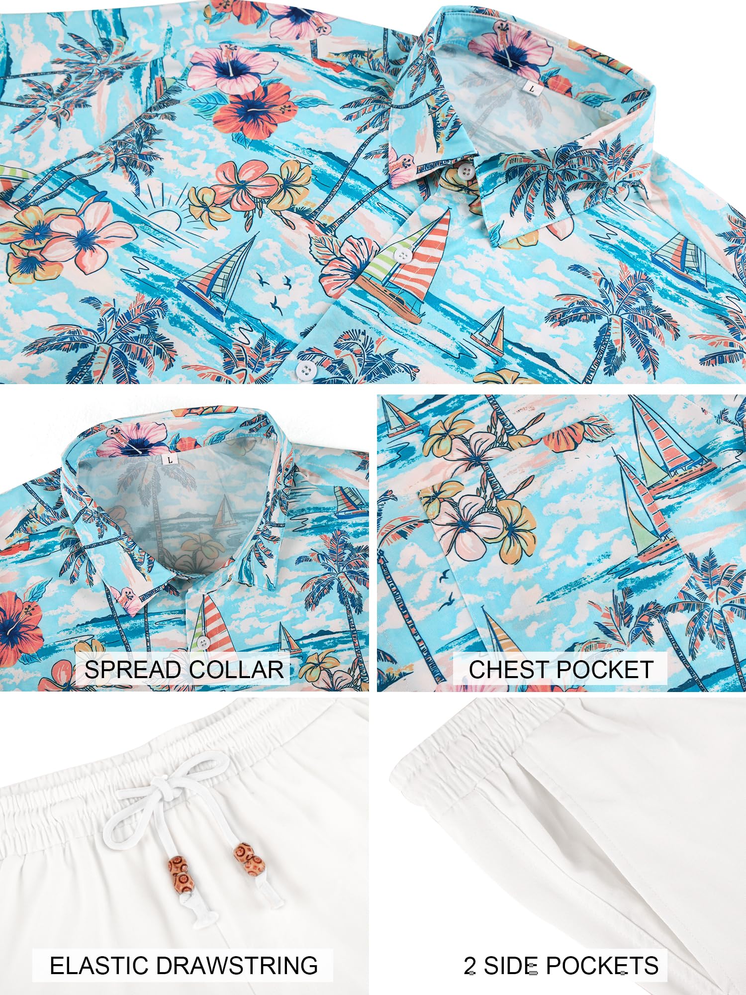 JEMLDL Men's Hawaiian 2 Piece Outfits Floral Button Down Shirts & Linen Shorts Sets Summer Beach Travel Clothes