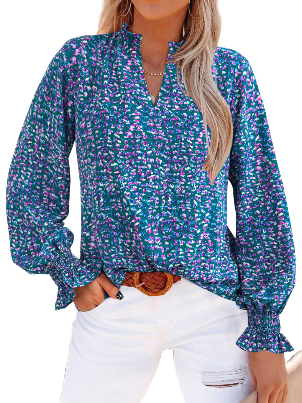 MASCOMODA Womens Boho Floral Long Sleeve Loose Chiffon Blouses | Puff Sleeve Ruffle V Neck Tops, Work Blouses for Women Dressy Casual, 2026 Summer T Shirts, Hawaiian Shirts for Women