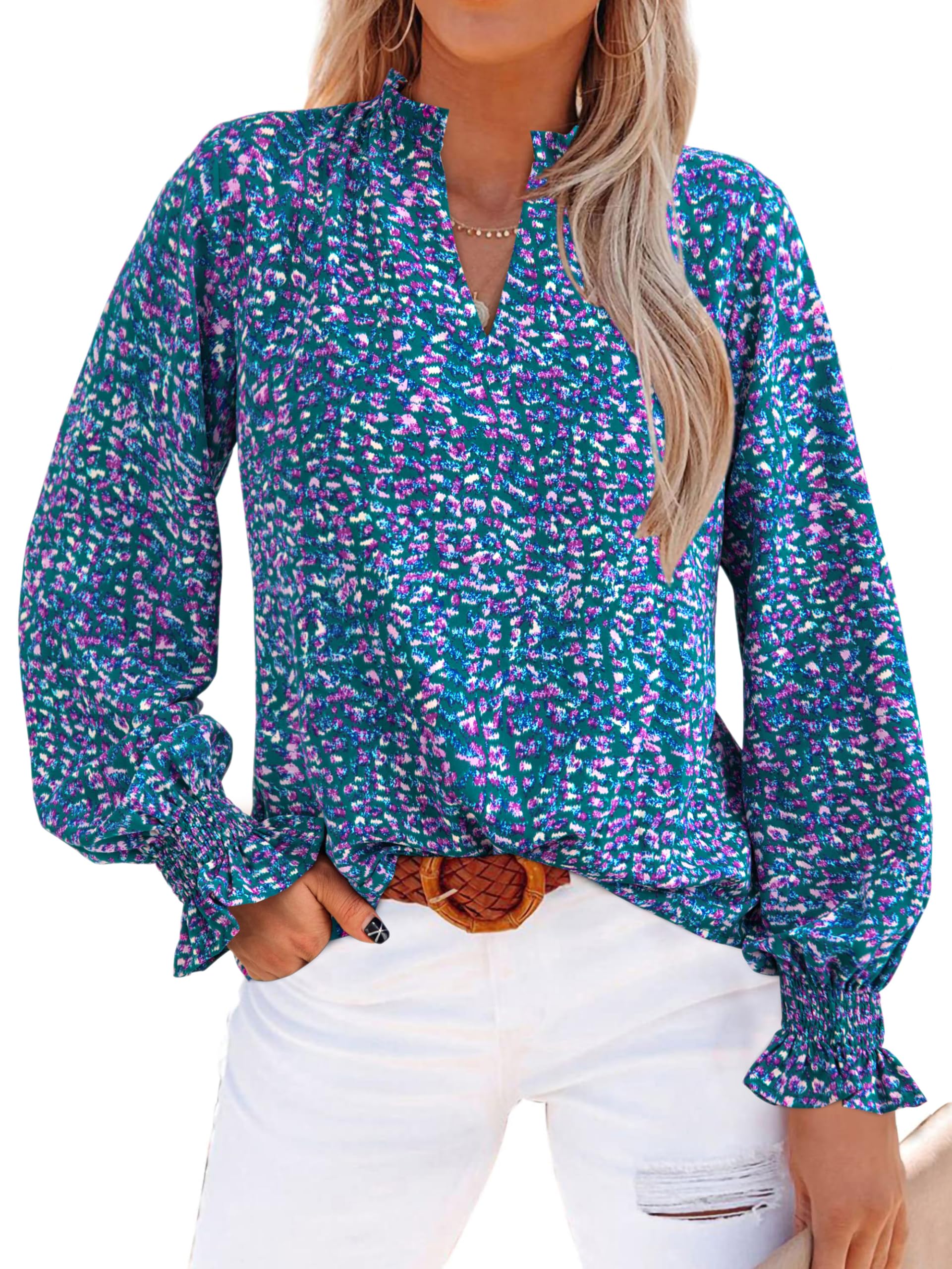 MASCOMODA Womens Boho Floral Long Sleeve Loose Chiffon Blouses | Puff Sleeve Ruffle V Neck Tops, Work Blouses for Women Dressy Casual, 2026 Summer T Shirts, Hawaiian Shirts for Women