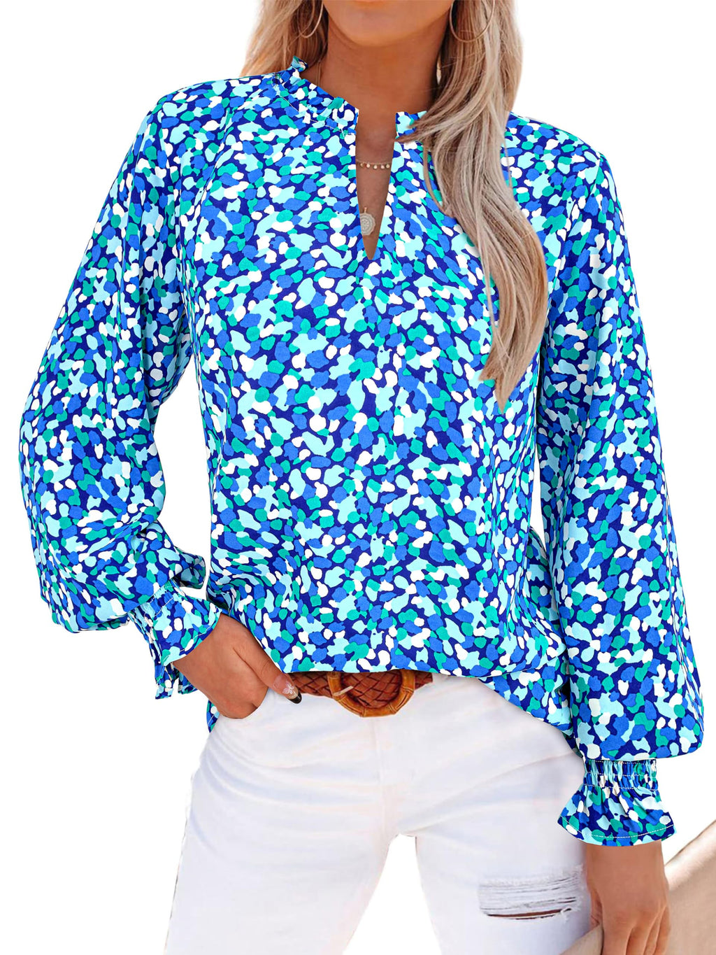 MASCOMODA Womens Boho Floral Long Sleeve Loose Chiffon Blouses | Puff Sleeve Ruffle V Neck Tops, Work Blouses for Women Dressy Casual, 2026 Summer T Shirts, Hawaiian Shirts for Women