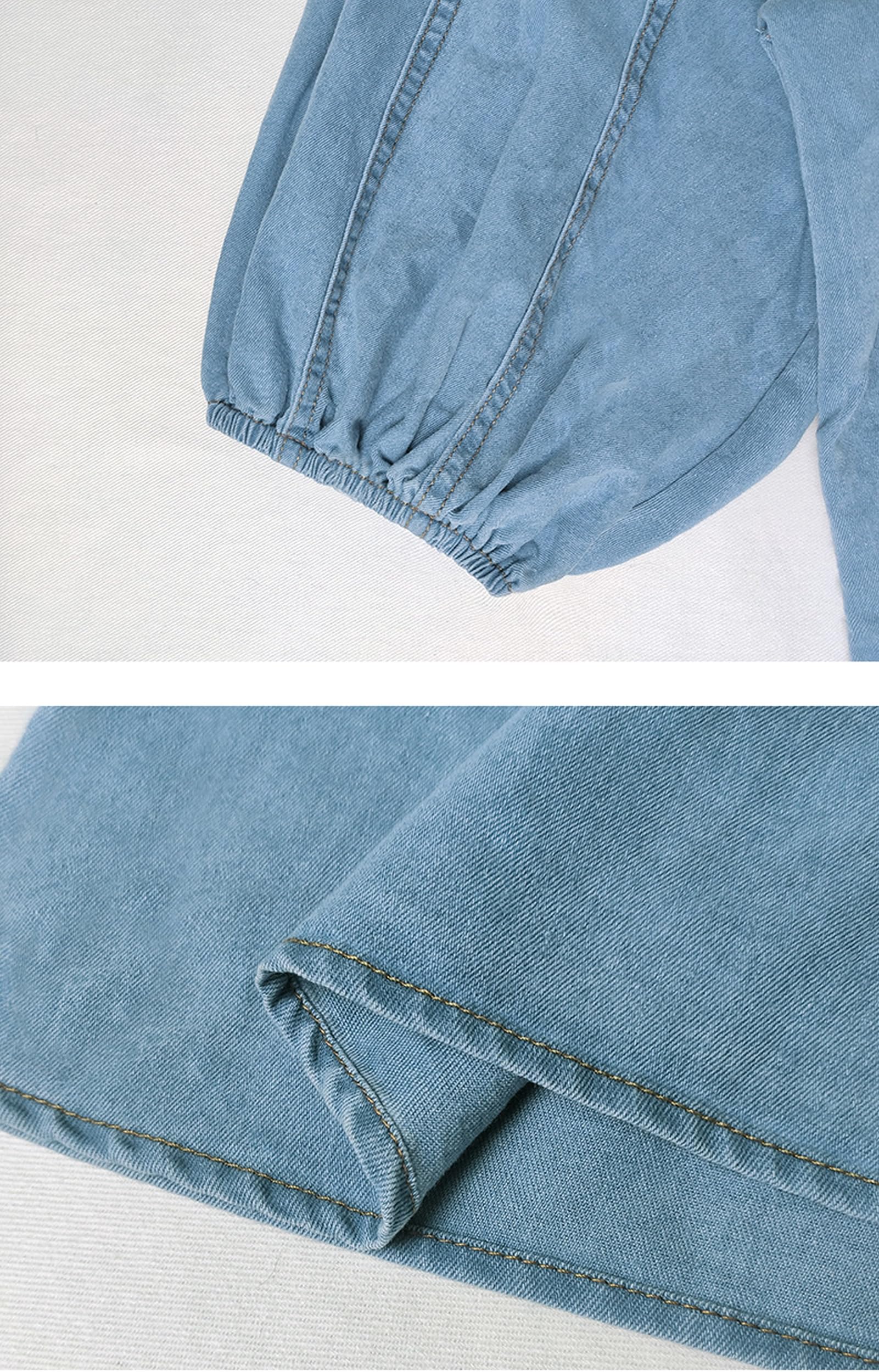 Women's Bow Design Denim Pullover Top Button Up High Neck Fashionable Jacket with Elastic and Puff Sleeves