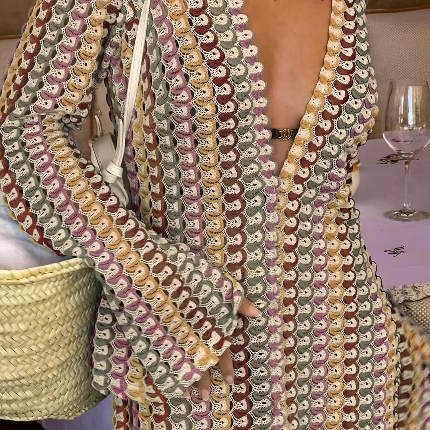 Womens Crochet Colorful Bell Long Sleeve V Neck Loose Maxi Dress Sexy Boho Eyelet Long Sundresses with Slit