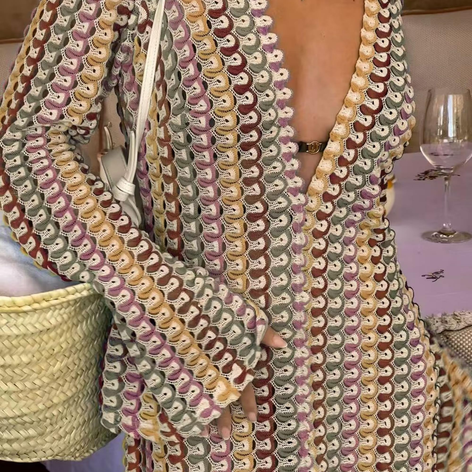 Womens Crochet Colorful Bell Long Sleeve V Neck Loose Maxi Dress Sexy Boho Eyelet Long Sundresses with Slit