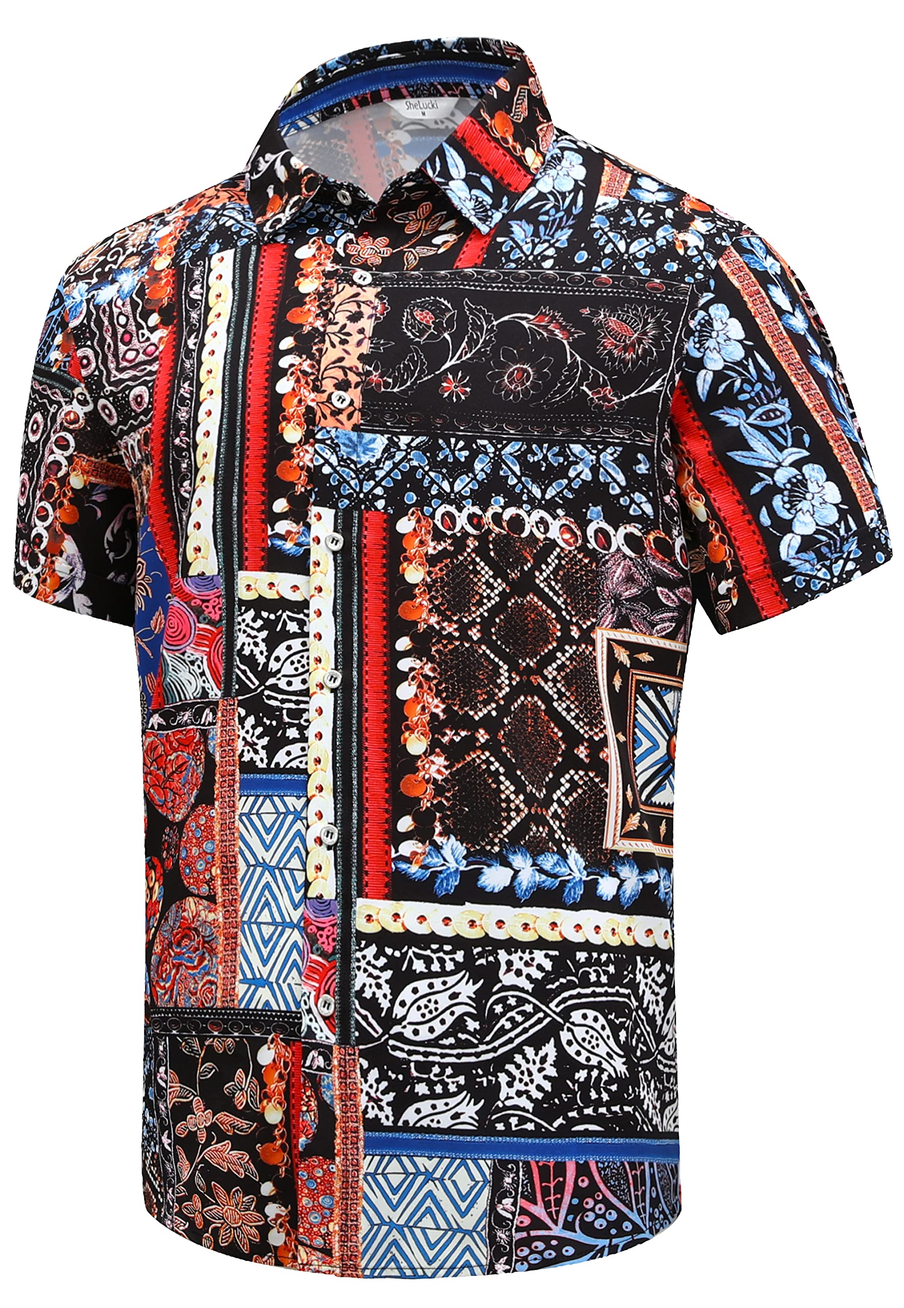 SheLucki Hawaiian Shirt for Men, Unisex Summer Beach Casual Short Sleeve Button Down Shirts, Printed Palmshadow Clothing