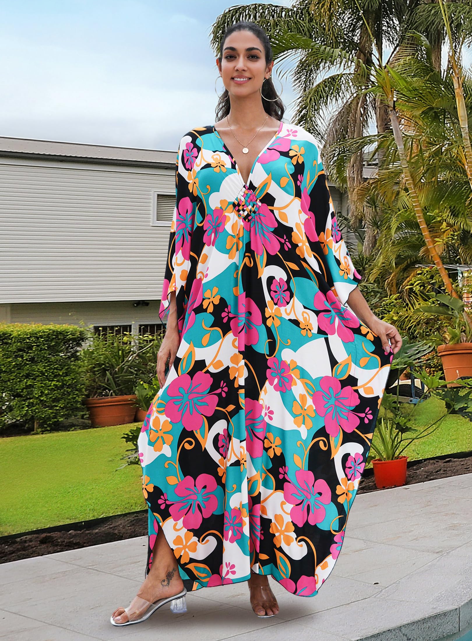 Yanziliu Kaftan Dress for Women,Plus Size Hawaiian Batwing Sleeve Beach Cover Up Summer Swimsuit Dresses