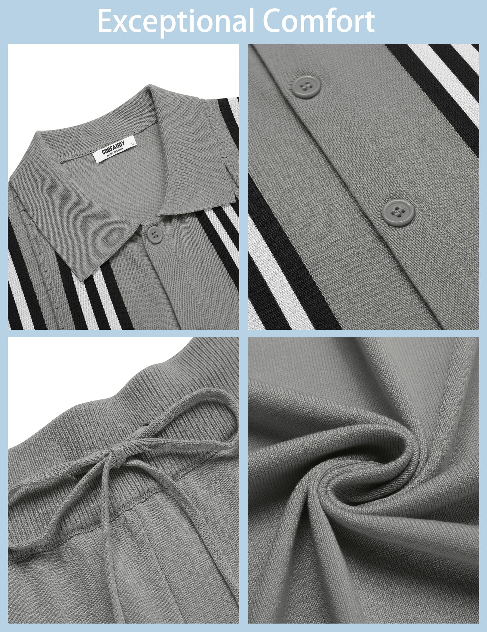 COOFANDY Men's 2 Piece Outfits Summer Short Sets Vintage Knit Button Down Shirt Short Sleeve Polo Casual Beach Suits