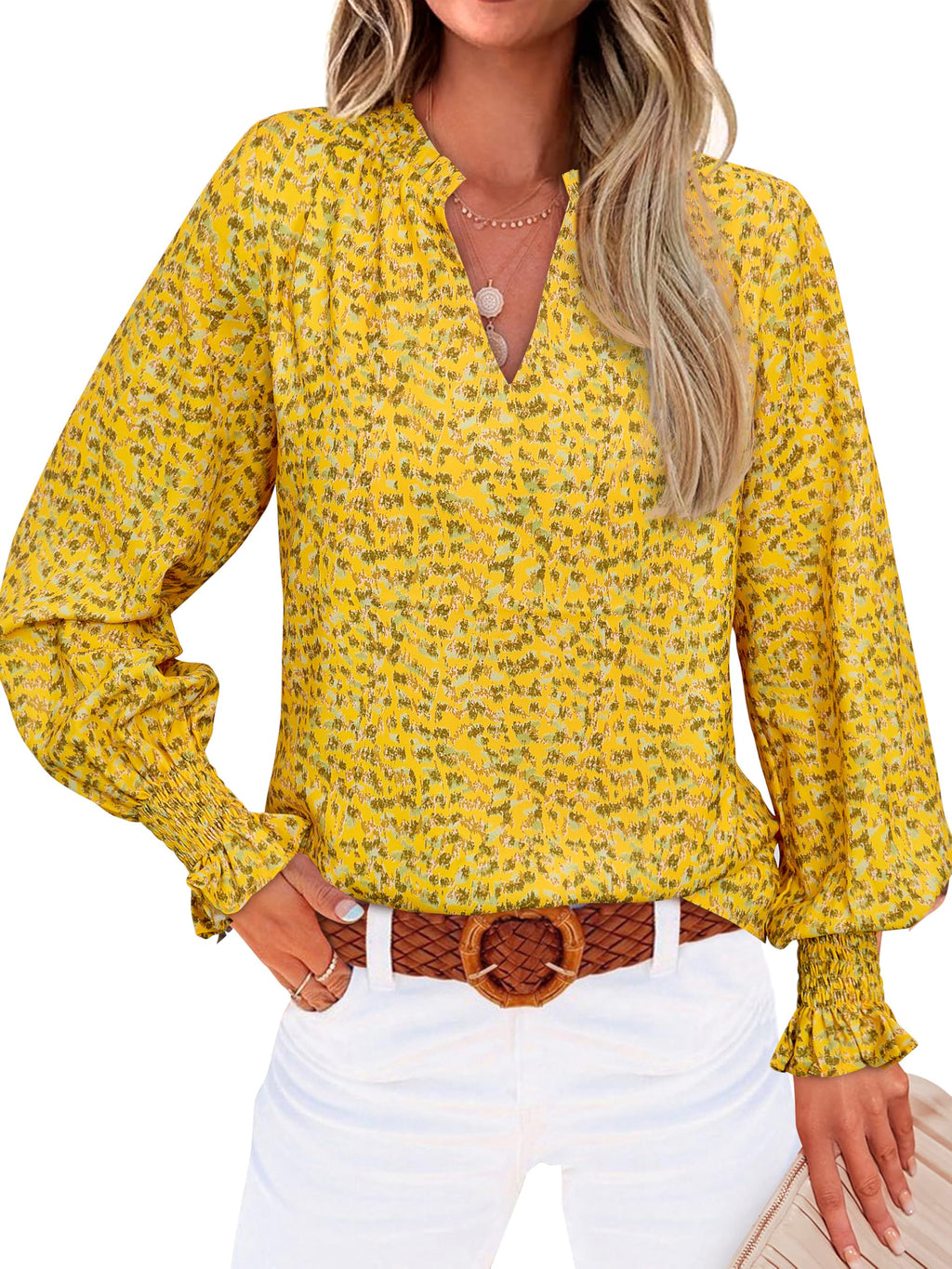 MASCOMODA Womens Boho Floral Long Sleeve Loose Chiffon Blouses | Puff Sleeve Ruffle V Neck Tops, Work Blouses for Women Dressy Casual, 2026 Summer T Shirts, Hawaiian Shirts for Women