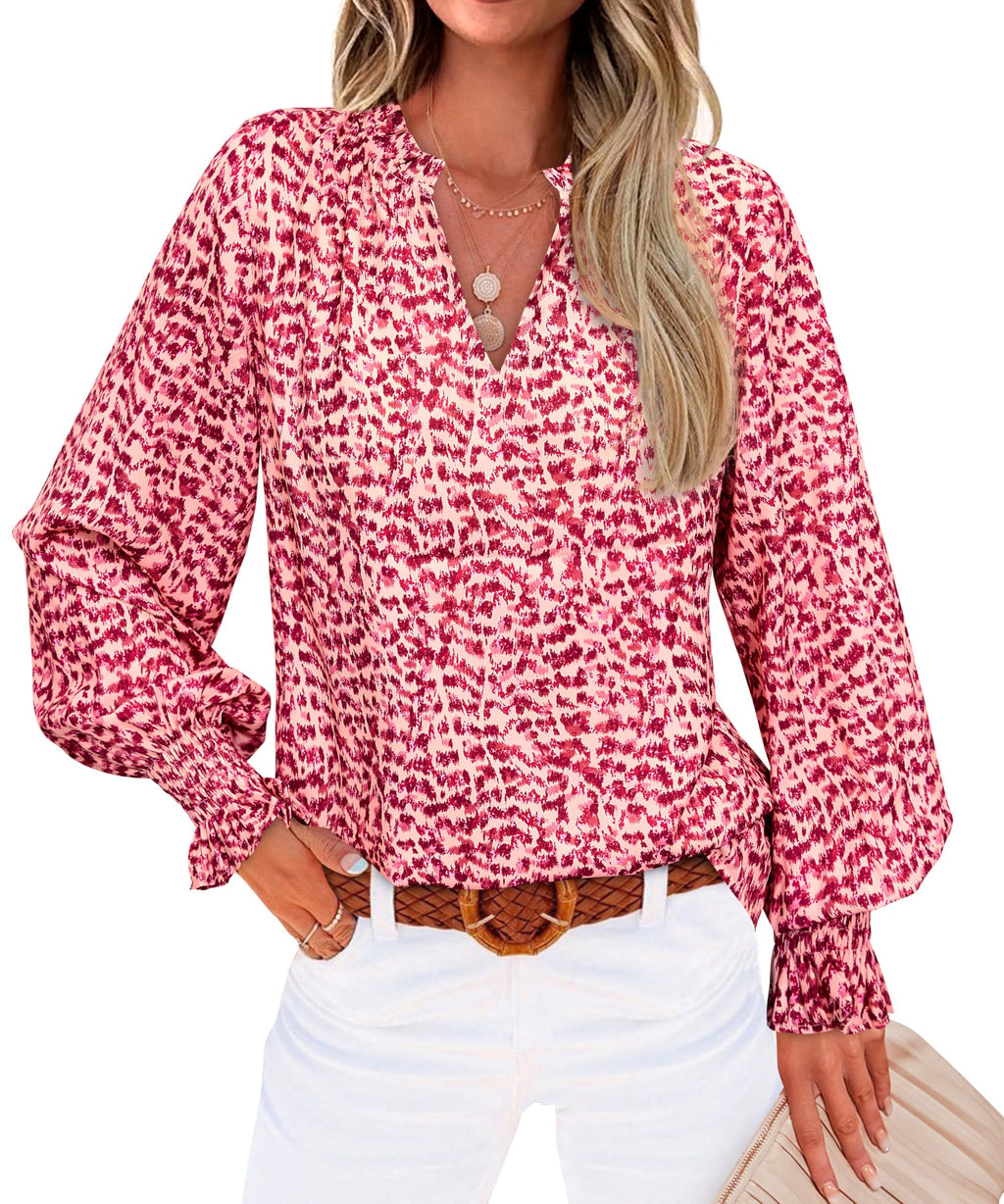 MASCOMODA Womens Boho Floral Long Sleeve Loose Chiffon Blouses | Puff Sleeve Ruffle V Neck Tops, Work Blouses for Women Dressy Casual, 2026 Summer T Shirts, Hawaiian Shirts for Women