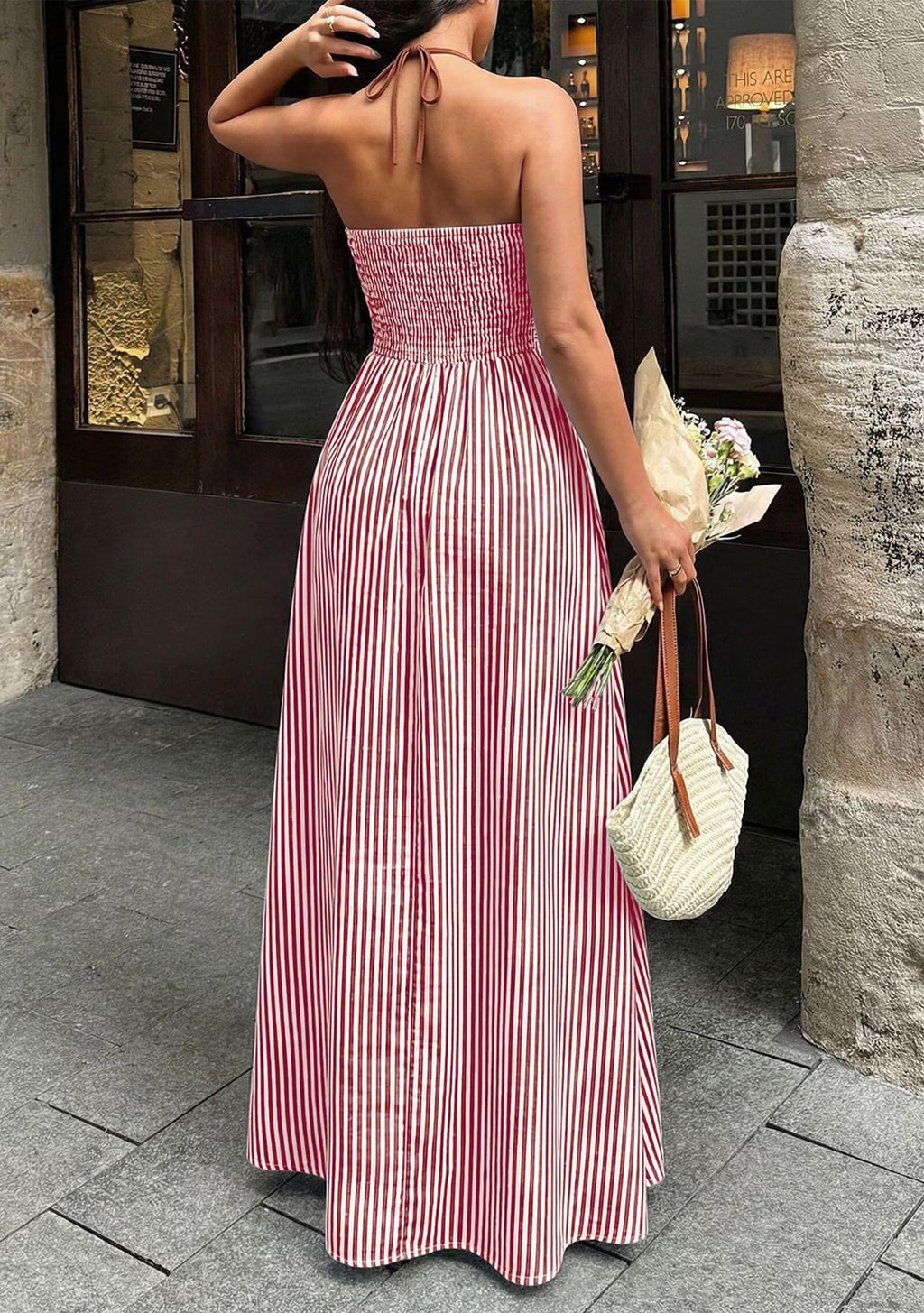 Women Summer Striped Halter Maxi Dress Sexy Beach Vacation Sundress | Casual, travel brunch dresses, soft fabric, deep v neck, backless, smocked, flowy, a line