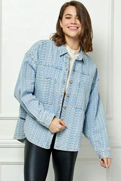 Veveret Button Up Dropped Shoulder Denim Top for Women