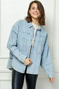Veveret Button Up Dropped Shoulder Denim Top for Women