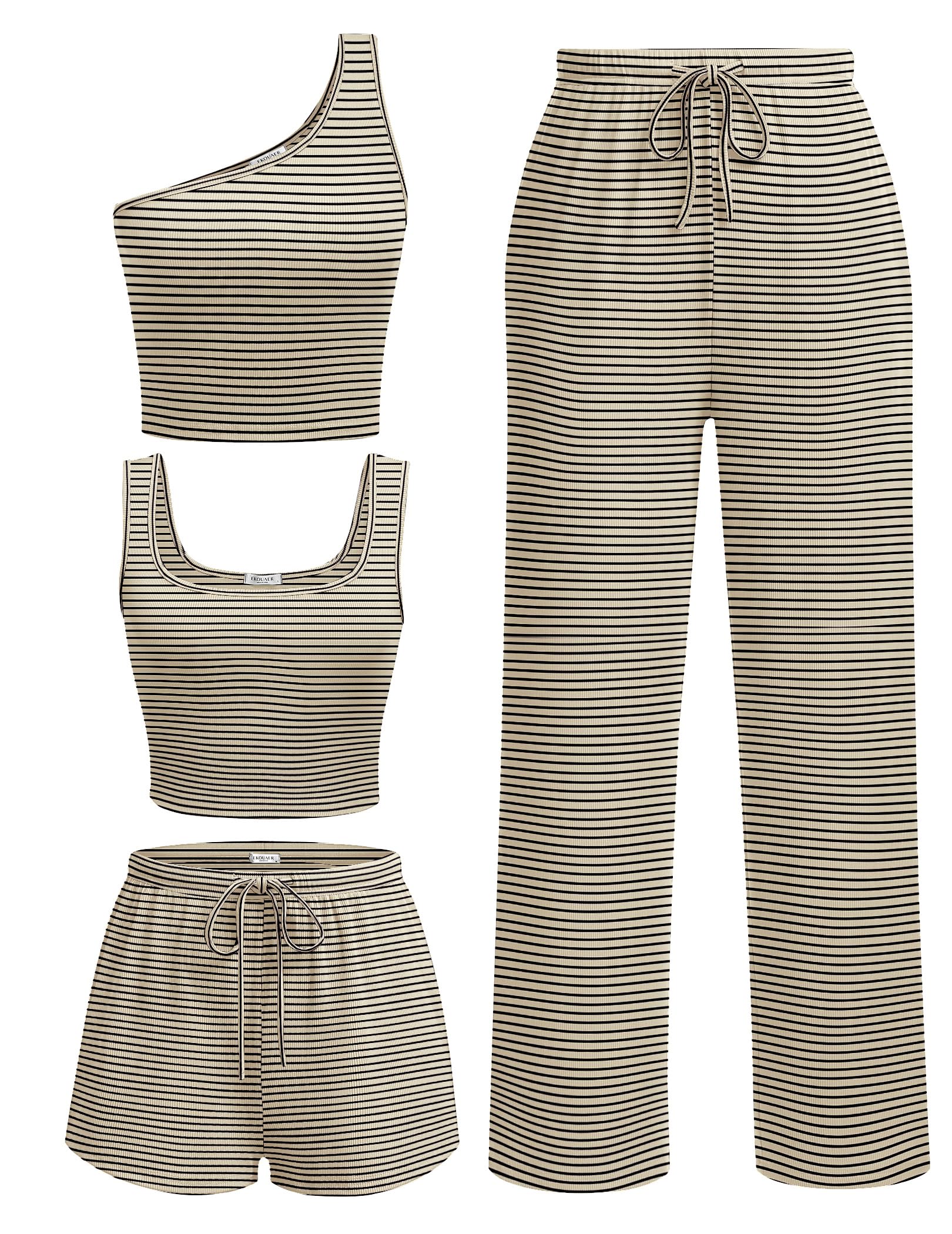 Ekouaer 4 Piece Sets for Women Casual Lounge Sets Summer Vacation Outfits | Knit Fabric,Soft and Comfortable, Tank Top and Long/Short Pant with Pockets, for Leisure,Summer Beach Vacation Day.