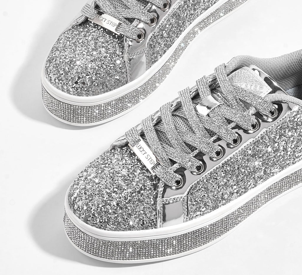 LUCKY STEP Women's Platform Sparkly Glitter Sneakers | Bling Shiny Dressy Bedazzled Wedding Bridal Fashion Walking Shoes