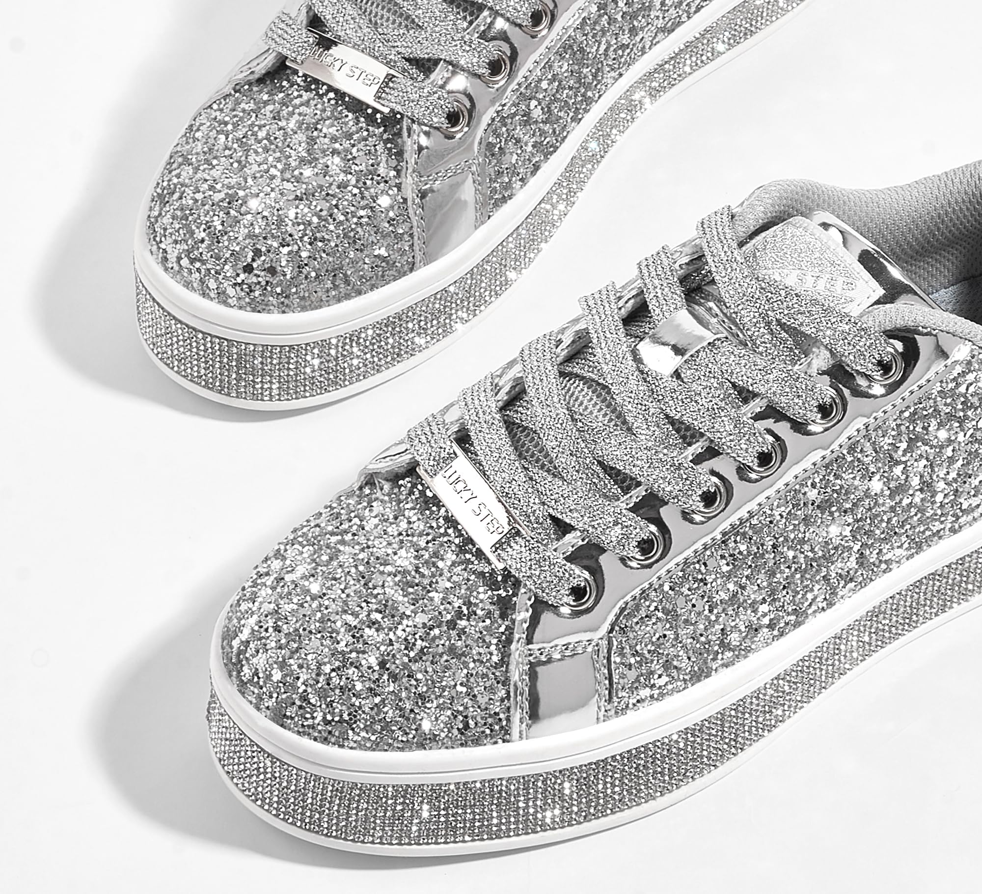 LUCKY STEP Women's Platform Sparkly Glitter Sneakers | Bling Shiny Dressy Bedazzled Wedding Bridal Fashion Walking Shoes
