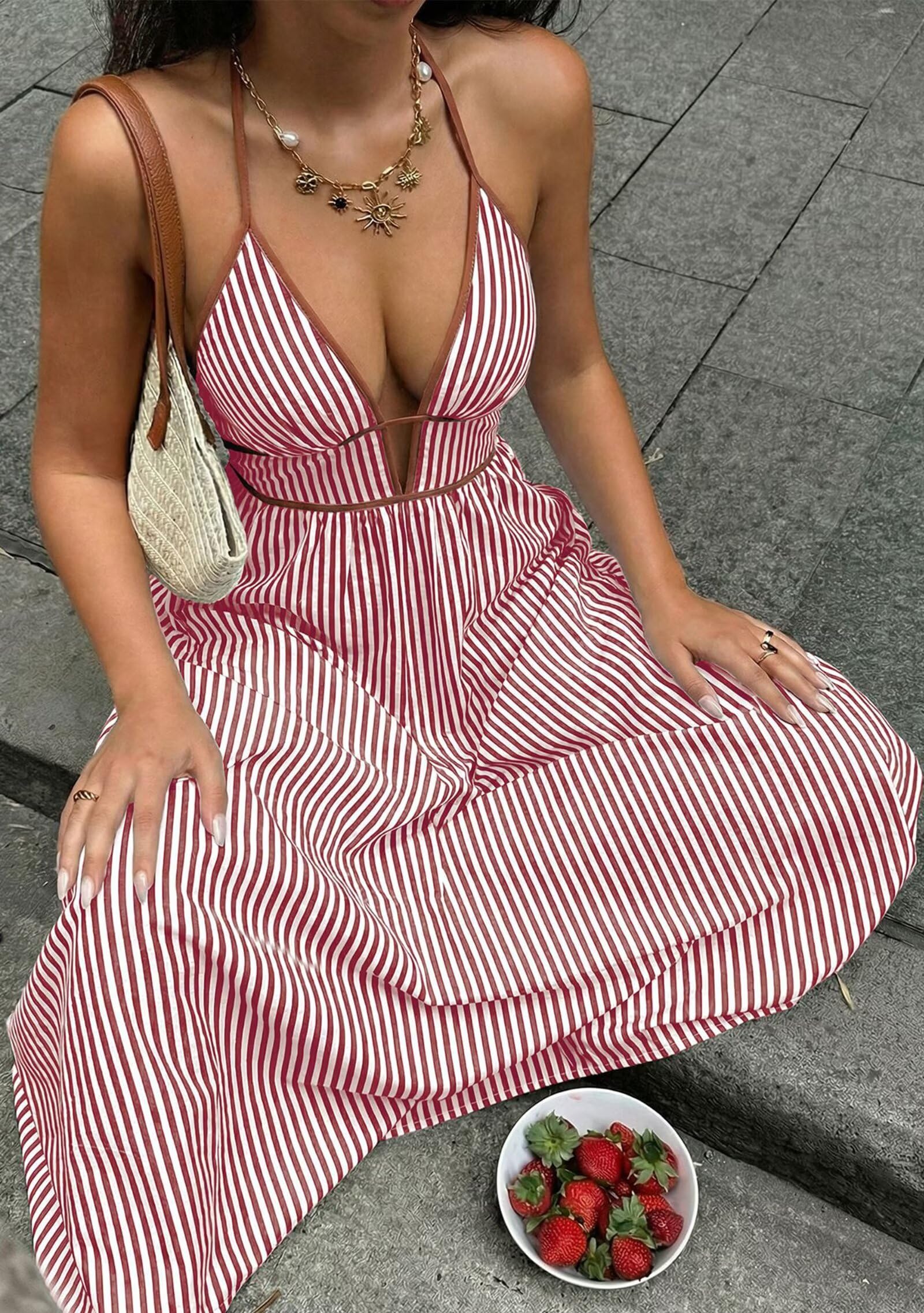 Women Summer Striped Halter Maxi Dress Sexy Beach Vacation Sundress | Casual, travel brunch dresses, soft fabric, deep v neck, backless, smocked, flowy, a line
