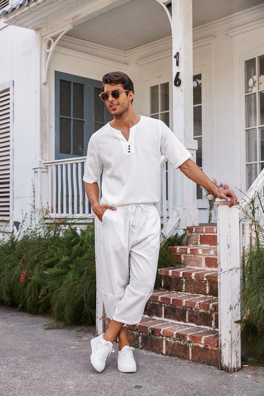 COOFANDY Men's 2 Pieces Linen Set Henley Shirt Short Sleeve and Harem Capri Pants Wide Leg Baggy Beach Yoga Trousers Outfits