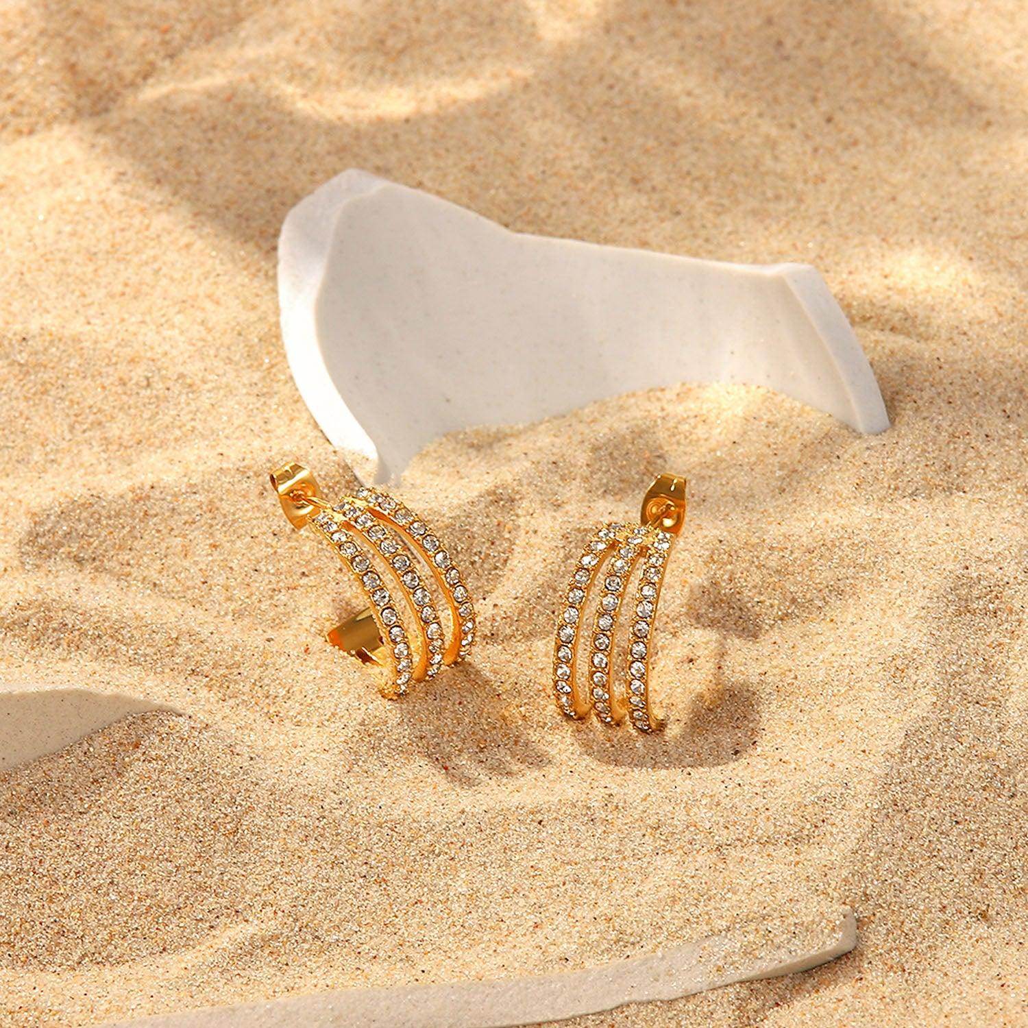 Stainless Steel Inlaid Zircon C-Hoop Earrings for Women