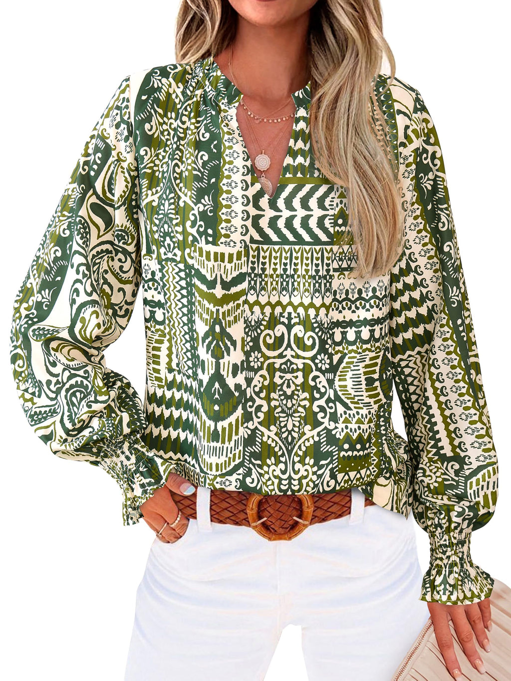 MASCOMODA Womens Boho Floral Long Sleeve Loose Chiffon Blouses | Puff Sleeve Ruffle V Neck Tops, Work Blouses for Women Dressy Casual, 2026 Summer T Shirts, Hawaiian Shirts for Women
