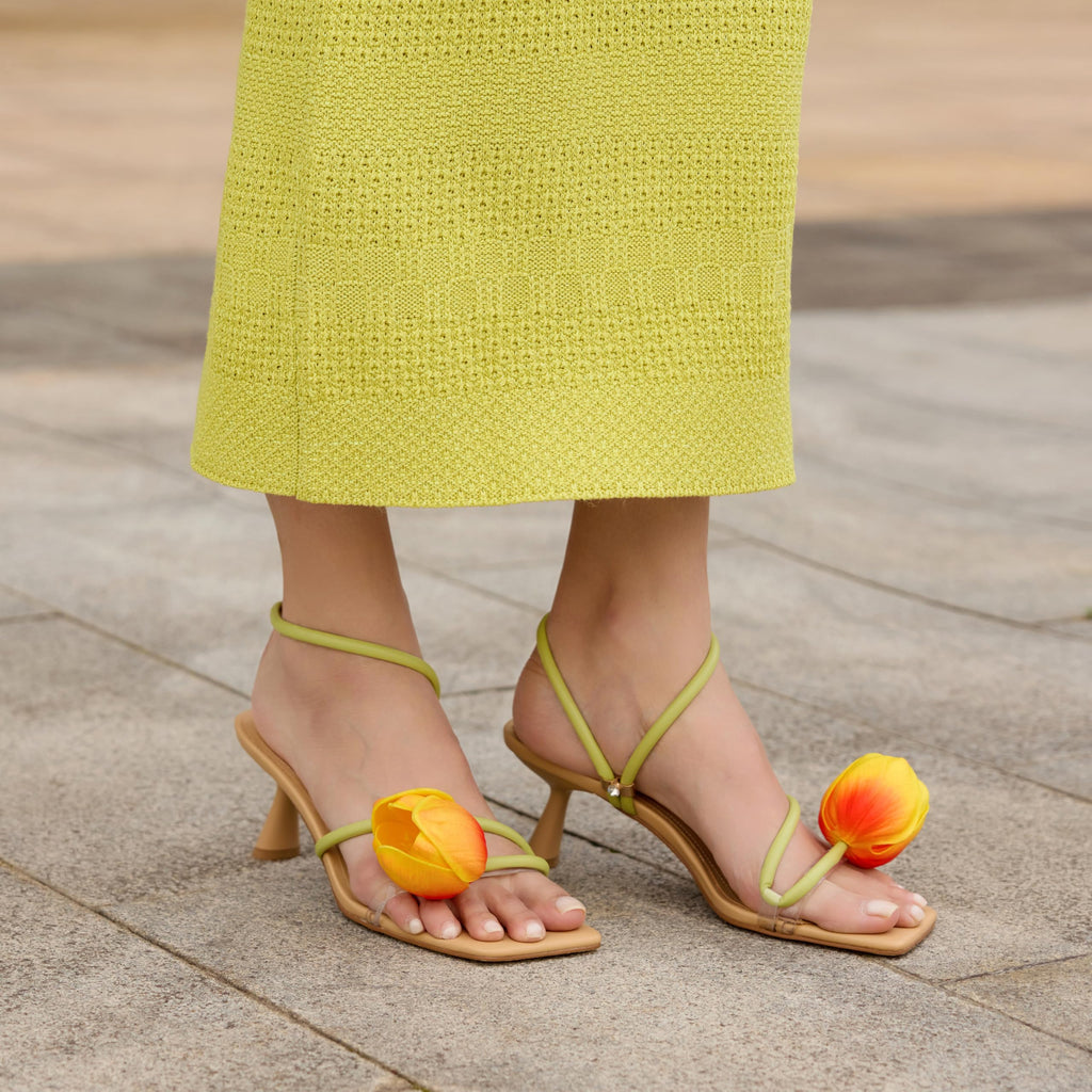 LACIKOSZ Flower Kitten Heel Sandals for Women Calla Lily Green Heels Square Open Toe Floral Strappy Low Heel Sandals Summer Dressy Wedding Shoes