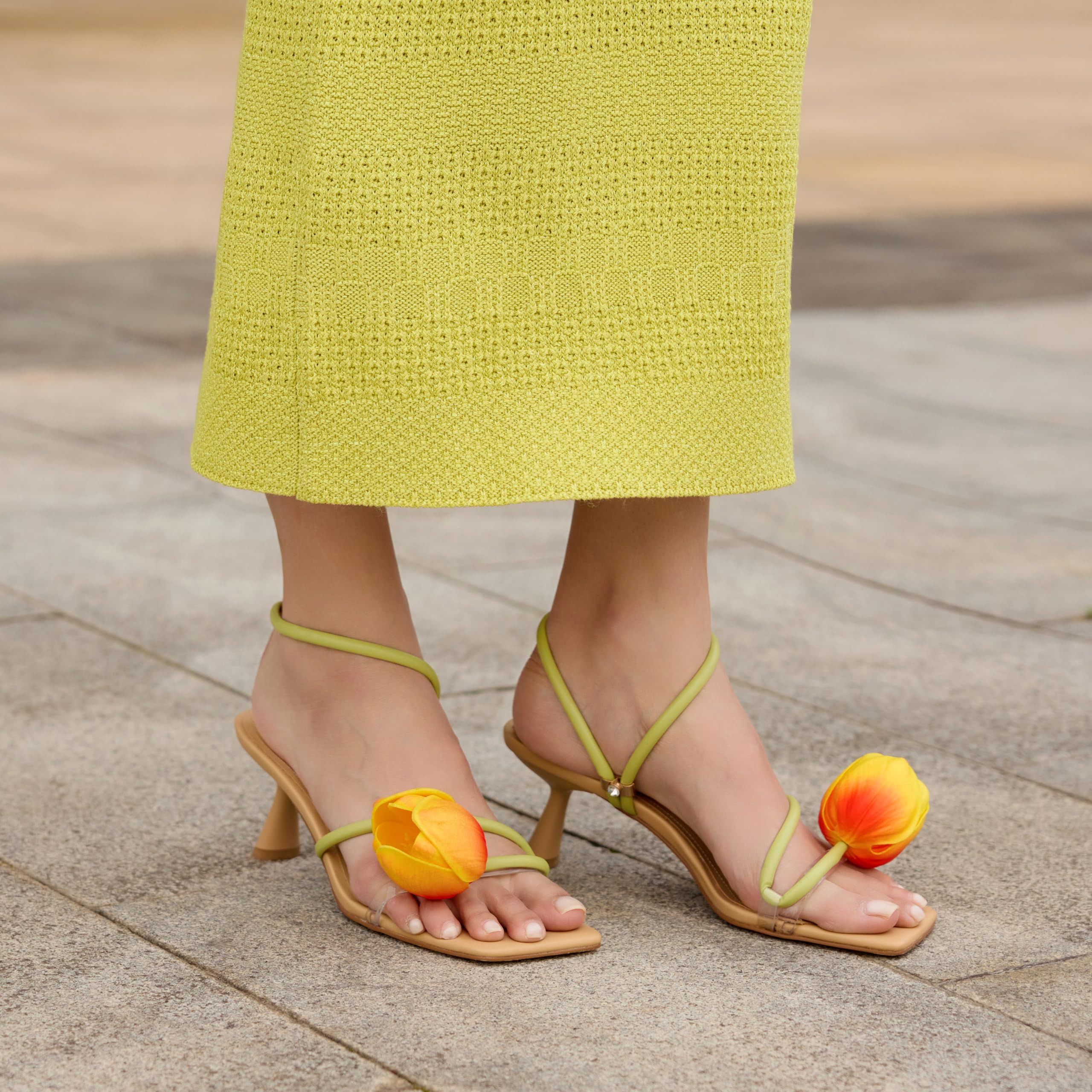 LACIKOSZ Flower Kitten Heel Sandals for Women Calla Lily Green Heels Square Open Toe Floral Strappy Low Heel Sandals Summer Dressy Wedding Shoes