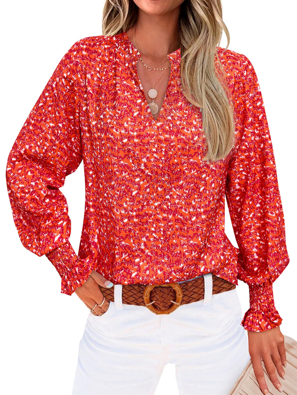 MASCOMODA Womens Boho Floral Long Sleeve Loose Chiffon Blouses | Puff Sleeve Ruffle V Neck Tops, Work Blouses for Women Dressy Casual, 2026 Summer T Shirts, Hawaiian Shirts for Women
