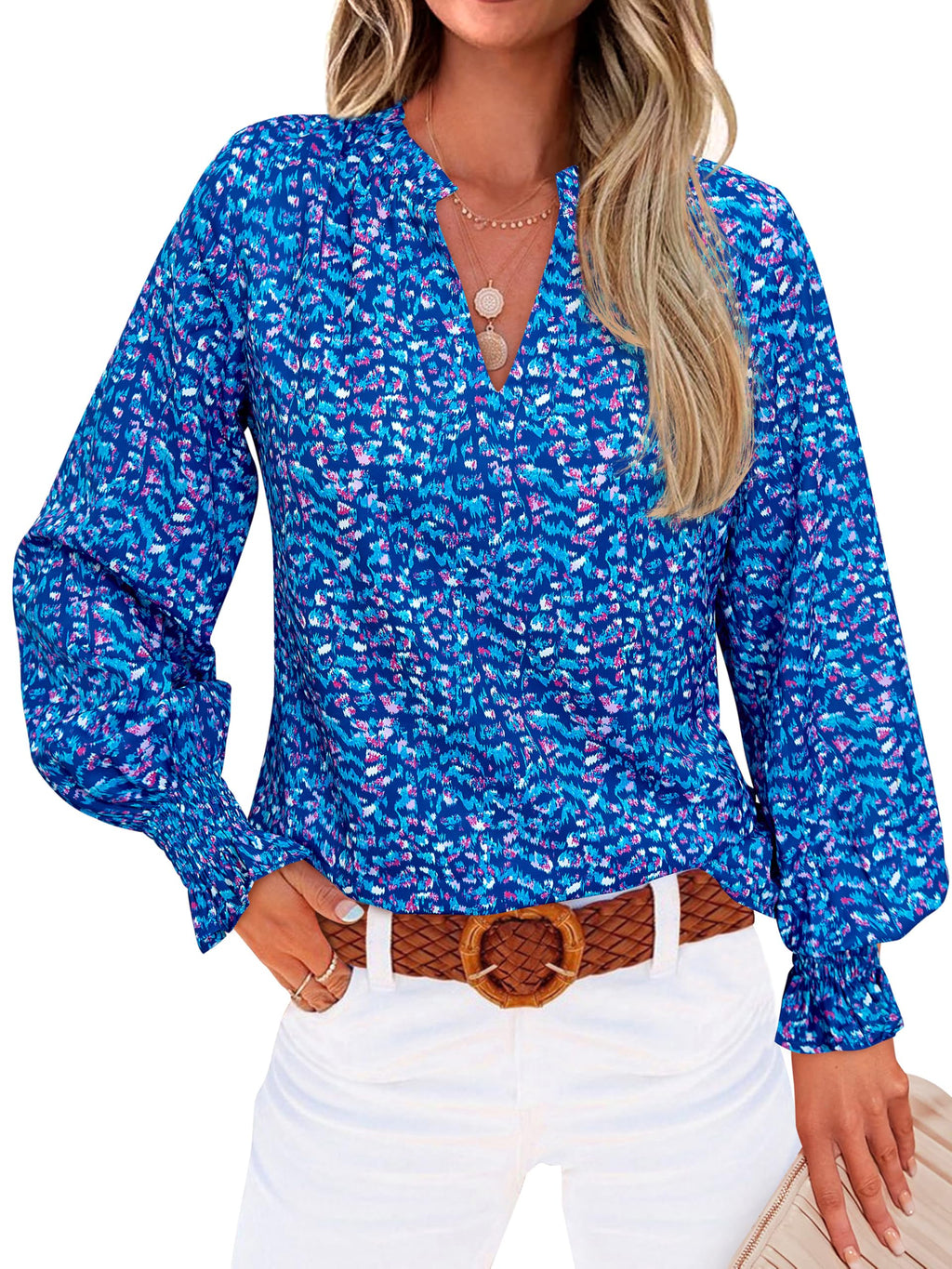 MASCOMODA Womens Boho Floral Long Sleeve Loose Chiffon Blouses | Puff Sleeve Ruffle V Neck Tops, Work Blouses for Women Dressy Casual, 2026 Summer T Shirts, Hawaiian Shirts for Women