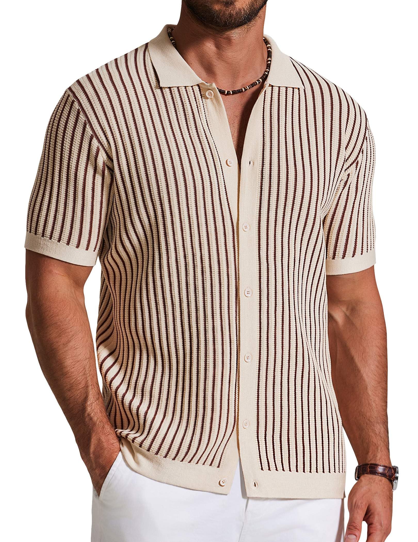 COOFANDY Mens Knit Button Down Shirts Short Sleeve Polo Shirt Vintage Striped Casual Shirts