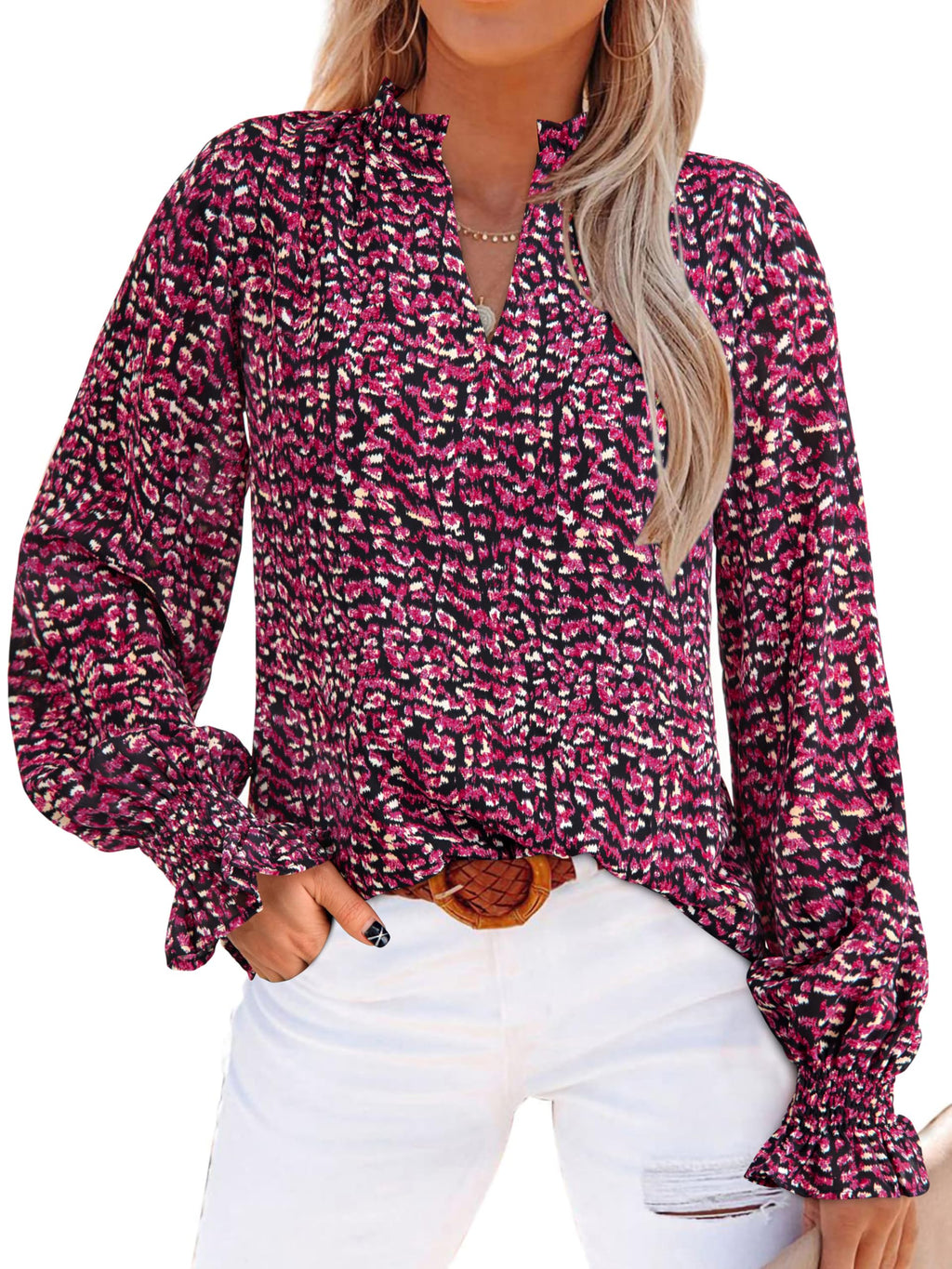 MASCOMODA Womens Boho Floral Long Sleeve Loose Chiffon Blouses | Puff Sleeve Ruffle V Neck Tops, Work Blouses for Women Dressy Casual, 2026 Summer T Shirts, Hawaiian Shirts for Women