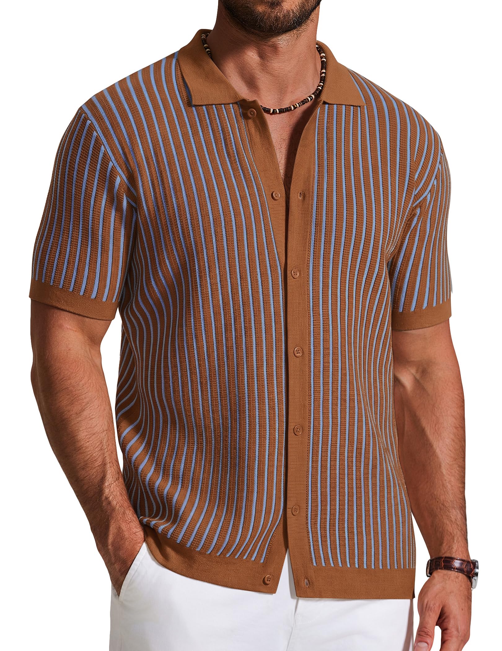 COOFANDY Mens Knit Button Down Shirts Short Sleeve Polo Shirt Vintage Striped Casual Shirts