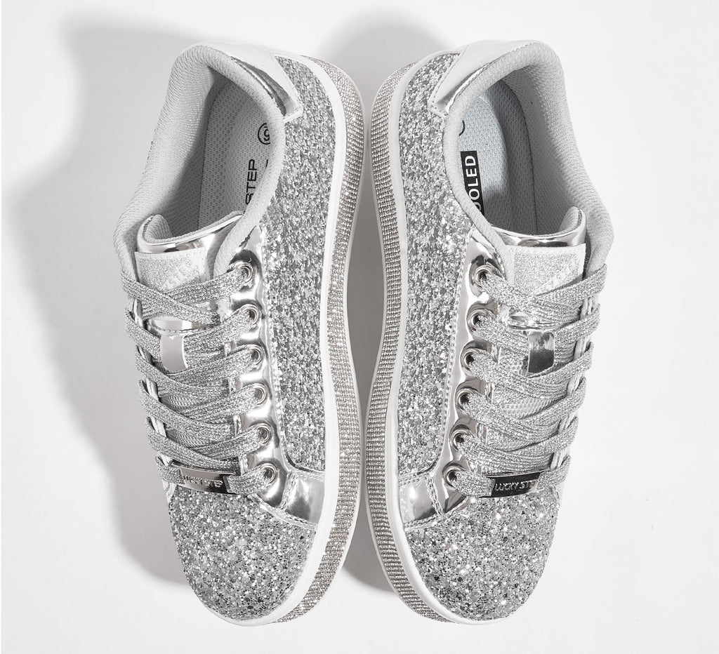 LUCKY STEP Women's Platform Sparkly Glitter Sneakers | Bling Shiny Dressy Bedazzled Wedding Bridal Fashion Walking Shoes