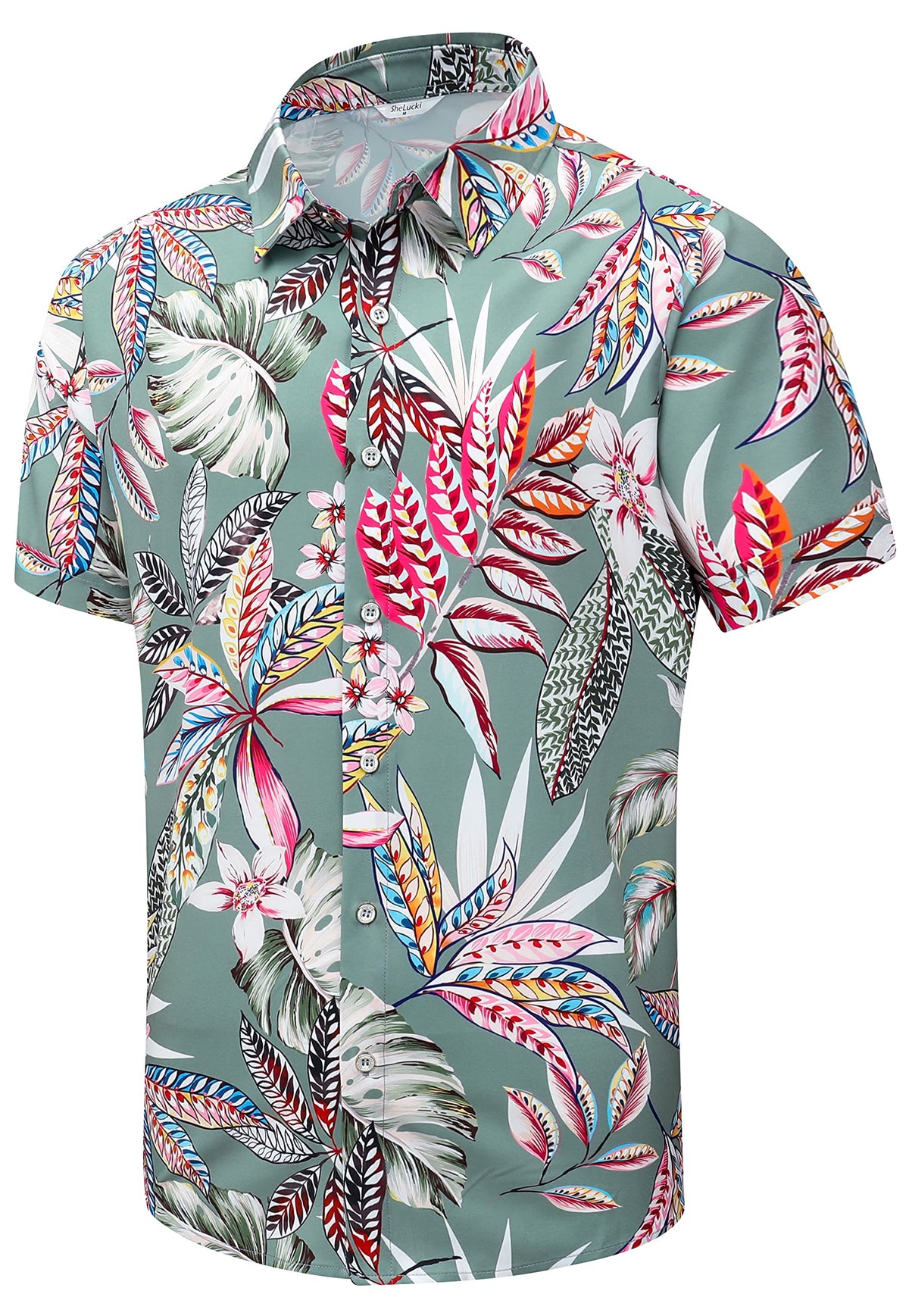 SheLucki Hawaiian Shirt for Men, Unisex Summer Beach Casual Short Sleeve Button Down Shirts, Printed Palmshadow Clothing