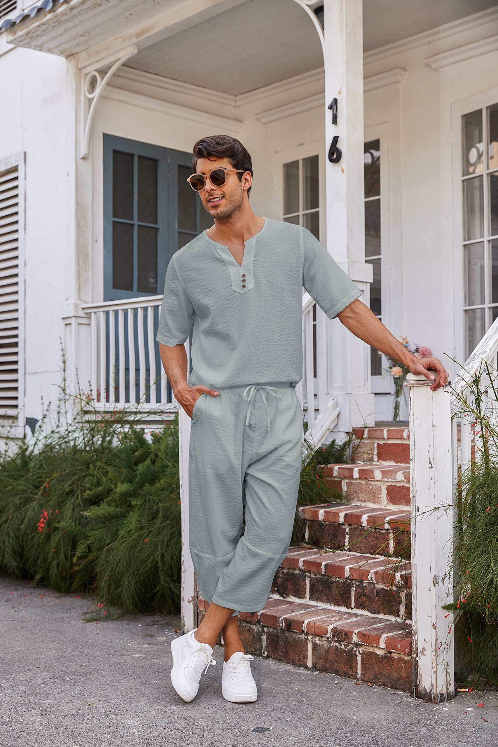 COOFANDY Men's 2 Pieces Linen Set Henley Shirt Short Sleeve and Harem Capri Pants Wide Leg Baggy Beach Yoga Trousers Outfits