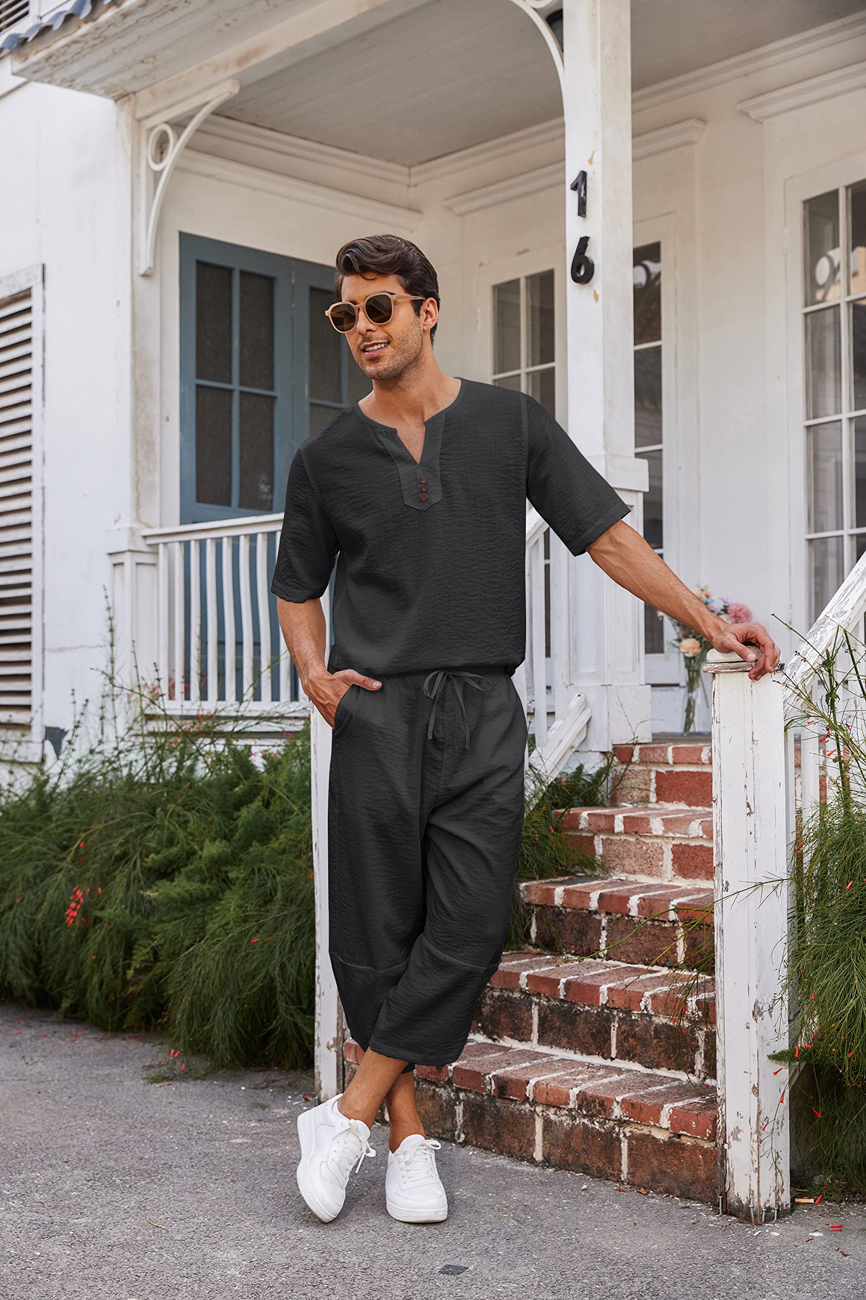 COOFANDY Men's 2 Pieces Linen Set Henley Shirt Short Sleeve and Harem Capri Pants Wide Leg Baggy Beach Yoga Trousers Outfits