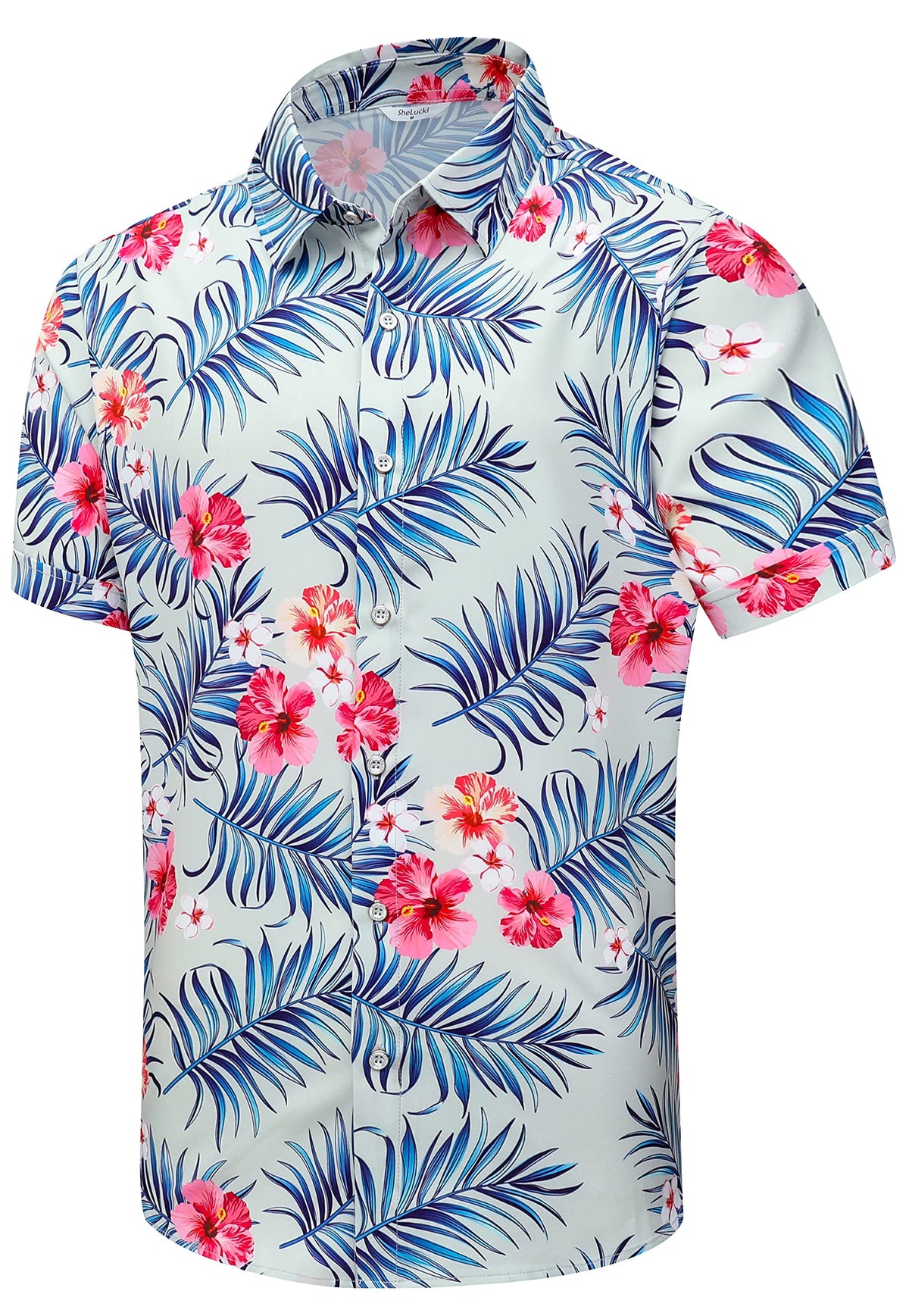 SheLucki Hawaiian Shirt for Men, Unisex Summer Beach Casual Short Sleeve Button Down Shirts, Printed Palmshadow Clothing