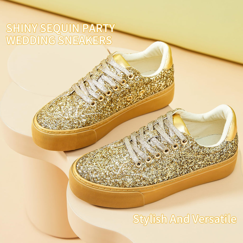 Jeekopeg Glitter Platform Sneakers Women Casual Sequin Sparkly Shoes Bling Thick Sole Walking Shoes Shiny Sequin Wedding Sneakers for Lady