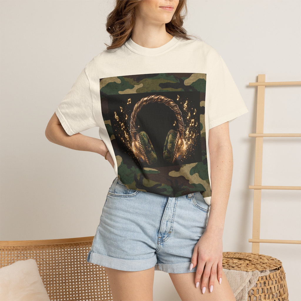 Camo Headphones Tee — Gold Spark DJ Music Graphic T-Shirt