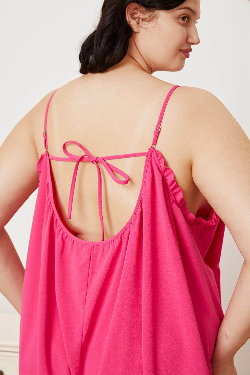 Double Take Full Size Ruffle Trim Tie Back Cami Jumpsuit