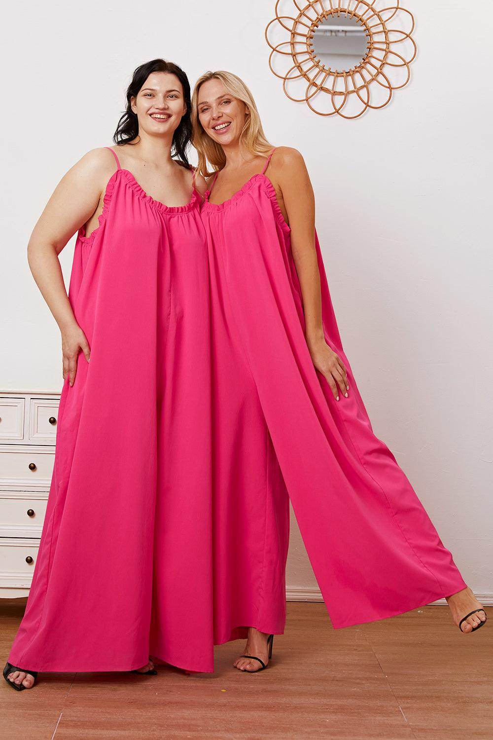 Double Take Full Size Ruffle Trim Tie Back Cami Jumpsuit