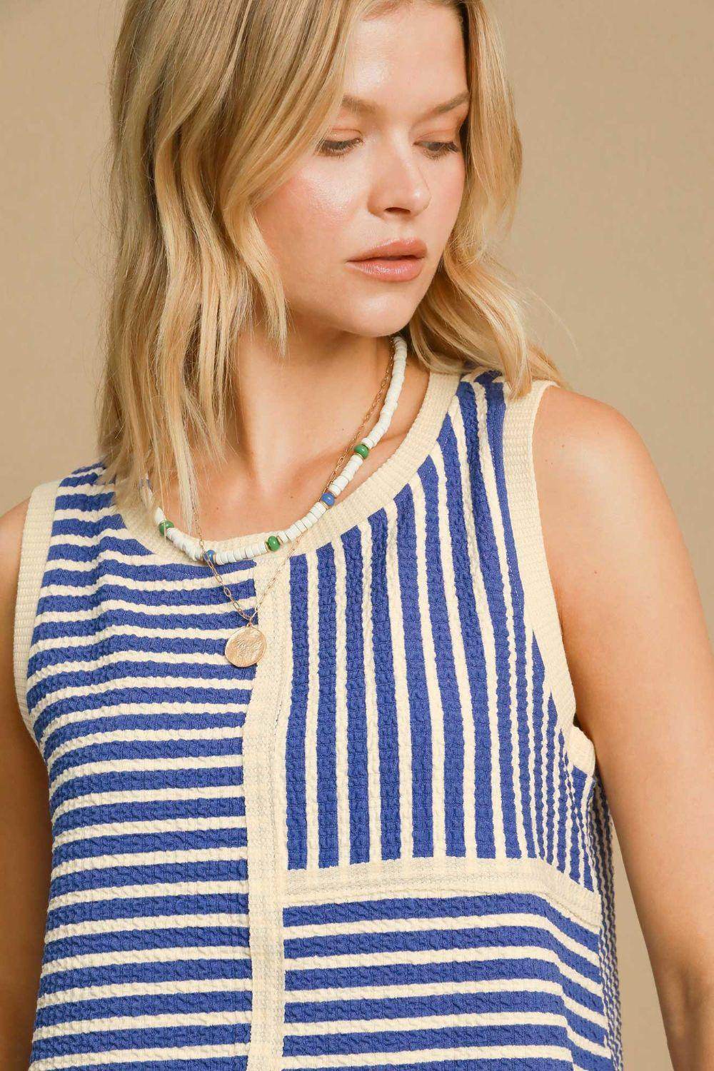 Umgee Round Neck Texture Striped Tank Top for Women
