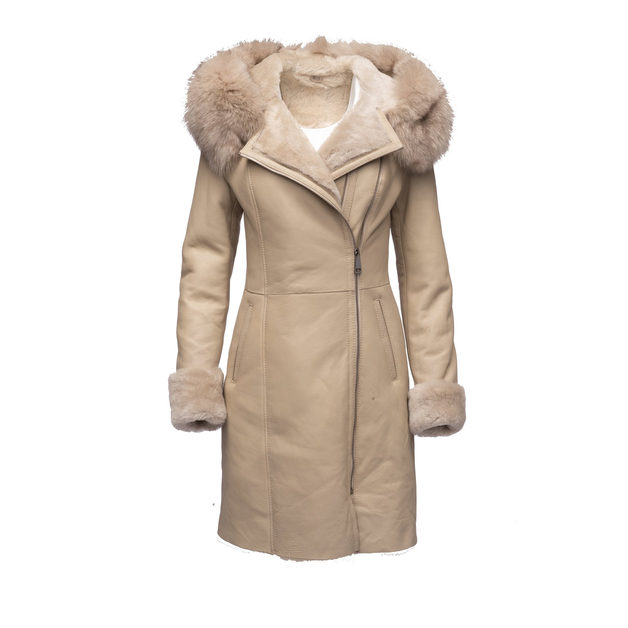 Gracies Hooded Sheepskin Shearling Jacket with Fox Fur